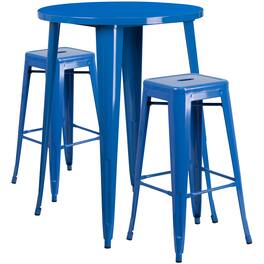 Emma + Oliver - Commercial Grade 30" Round Metal Indoor-Outdoor Bar Table Set, 2 Backless Stools - Blue