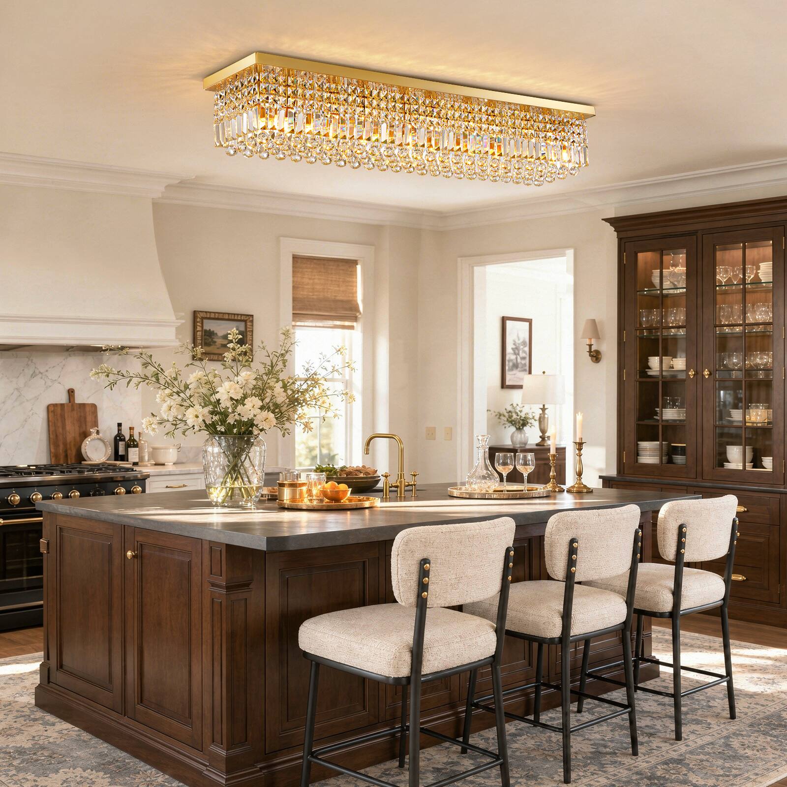 Back. Siljoy - 47.2-icnh 10-Light Gold K9 Crystal Chandelier, Dimmable E12 Flush Mount for Dining Kitchen Living Room - Gold.