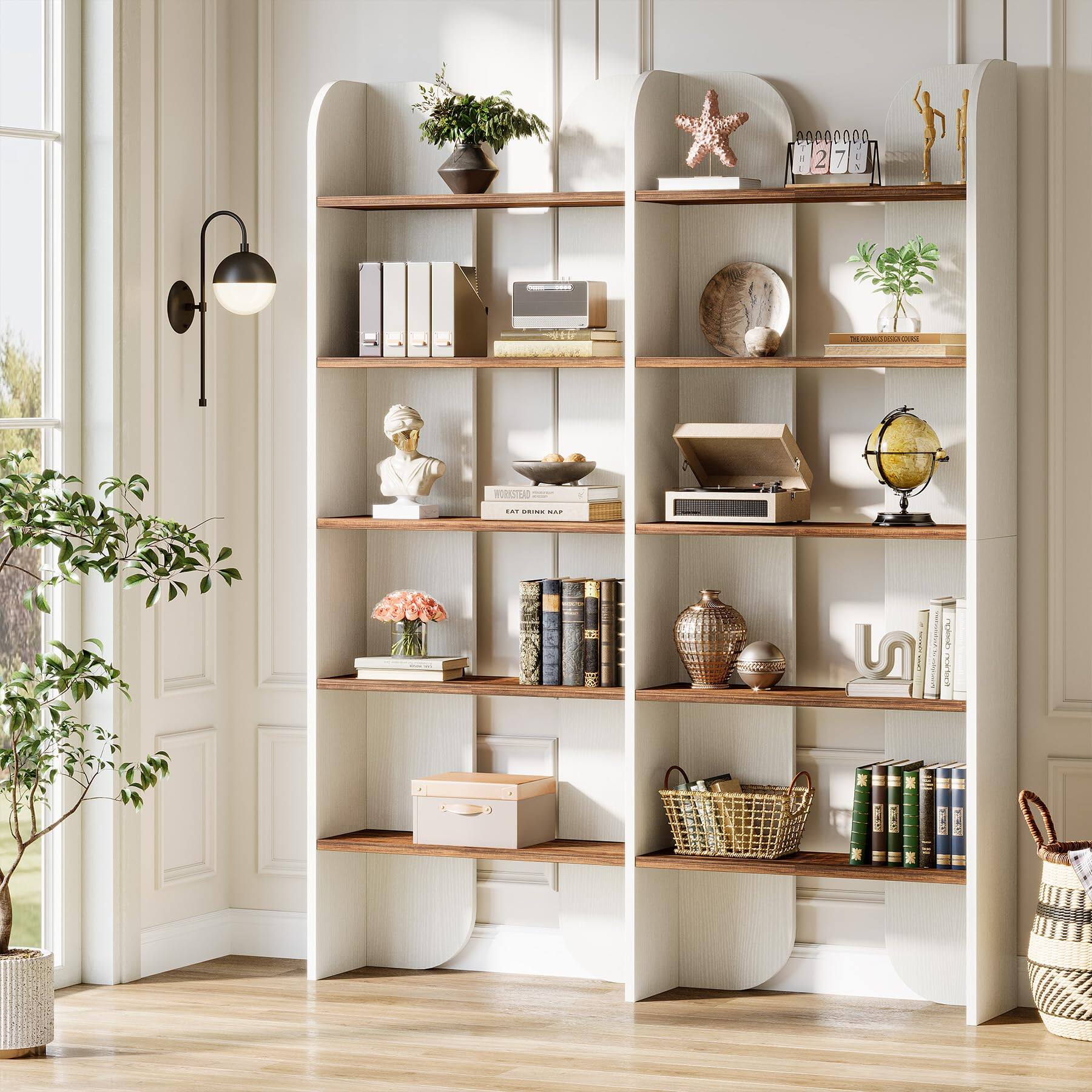 Tribesigns 5 Tier Farmhouse Bookshelf, 70.87 Inch Tall Double Wide ...