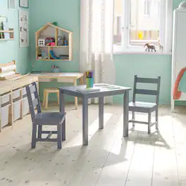 Emma + Oliver - Kids 3 Piece Solid Hardwood Table and Chair Set for Playroom, Kitchen - Gray