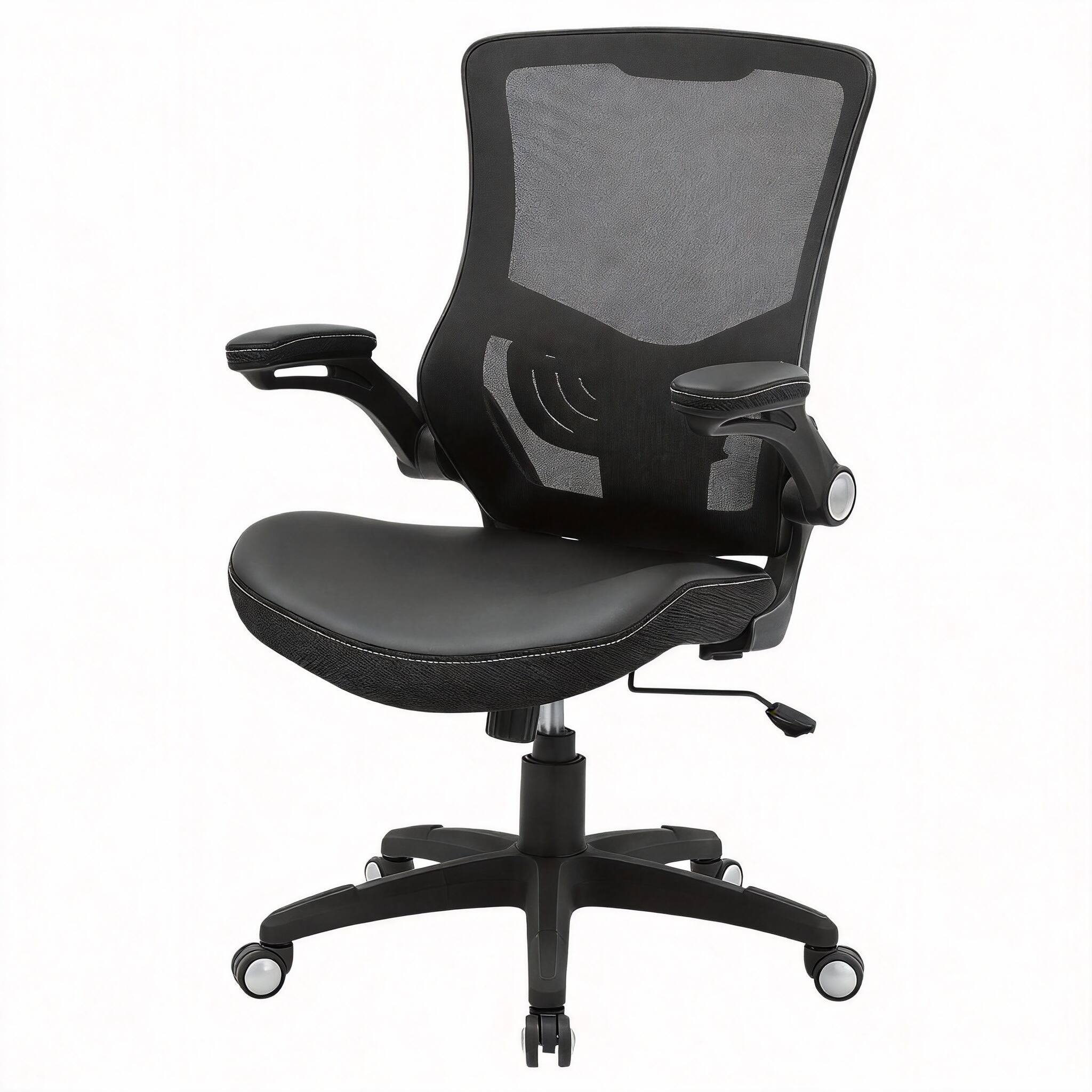 Front. Frangdom - Ergonomic PU Leather Office Chair Mesh Back Lumbar Support Flip Arms - BLACK 300 lbs.