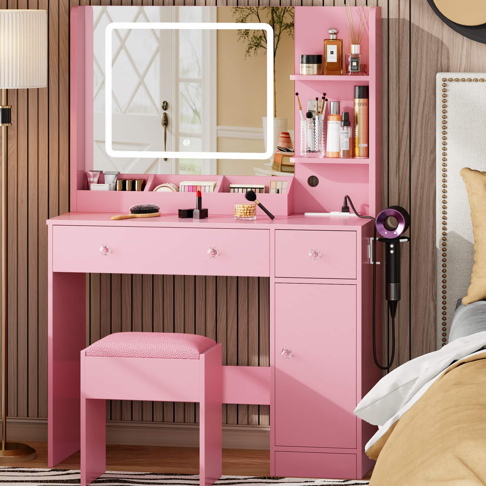 Front. Furologee - 34" W Vanity Desk Set With Led Lighted Mirror  Power Outlet Makeup Table Top with 3 Open Bookcases 2 Drawers Dress - Pink.