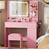 Front. Furologee - 34" W Vanity Desk Set With Led Lighted Mirror Power Outlet Makeup Table Top with 3 Open Bookcases 2 Drawers Dress - Pink.