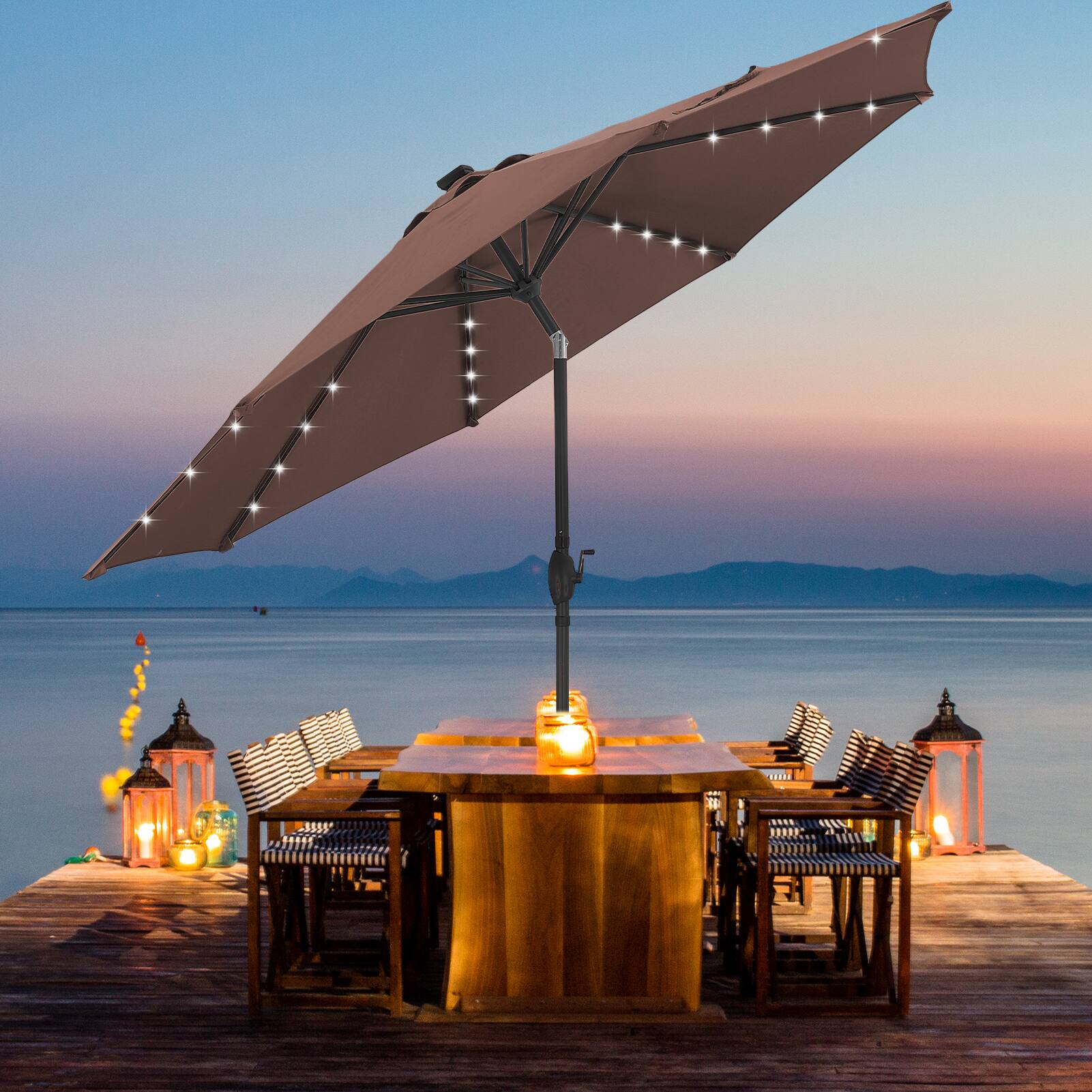 Alt View 3. Ainfox - Ainfox 10FT Solar Lighted Patio Umbrella LED Outdoor Umbrella with Tilt Crank for Backyard Garden Pool Beach with Base - coffee.