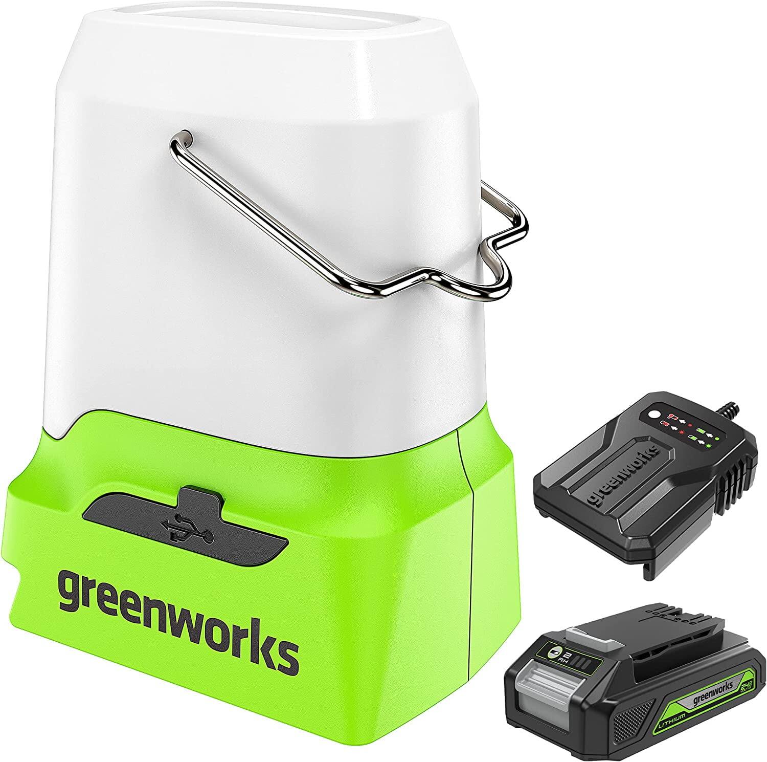 Greenworks - 24V Lantern Cordless 500lm Camping Light Kit with USB-A and USB-C Port, 2Ah Battery and Charger - Green
