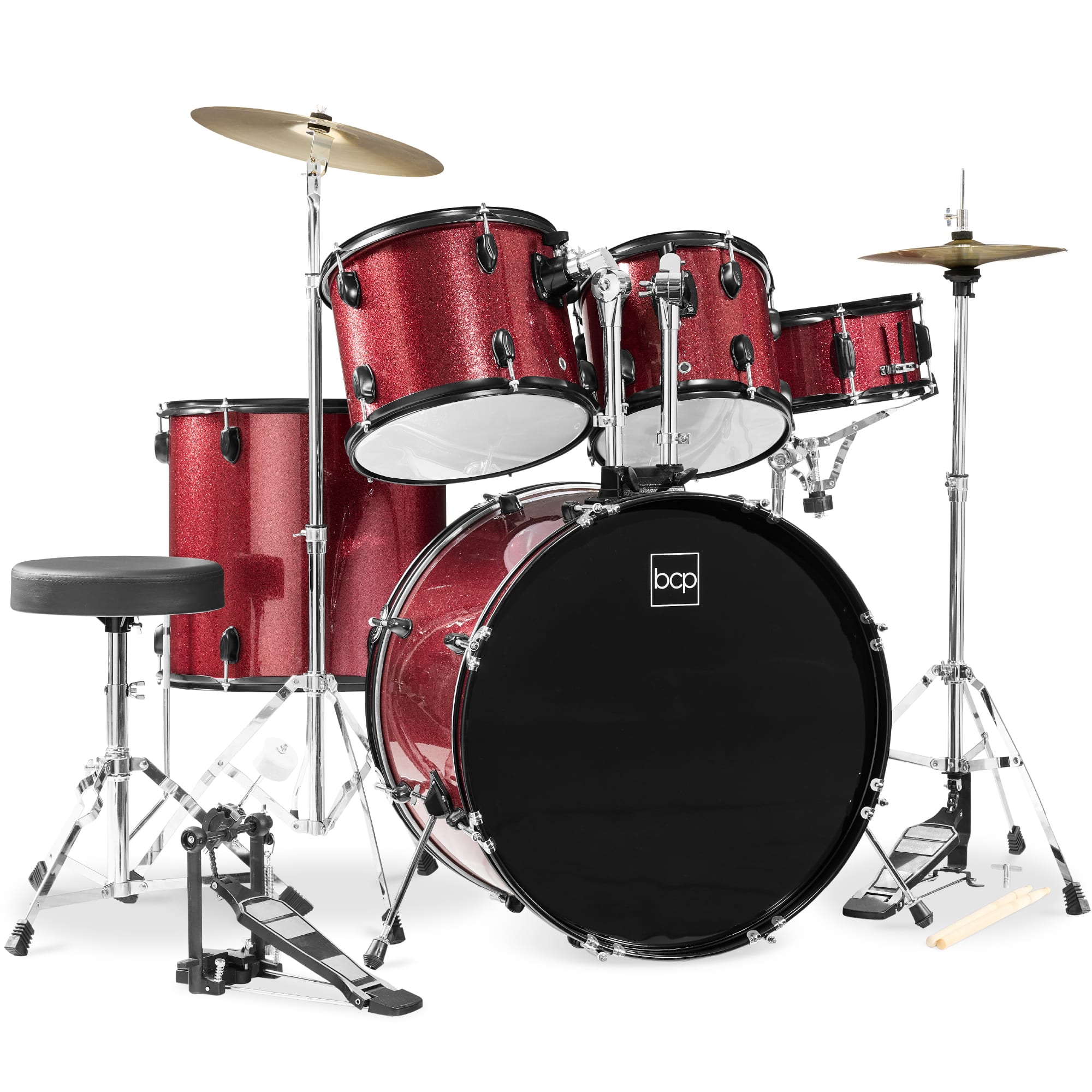 Front. Best Choice Products - Best Choice Products 5-Piece Beginner Drum Set w/ Snare, Bass, Toms, Cymbal, Hi-Hat, Sticks, Drum Pedal - Red - Red Sparkle.