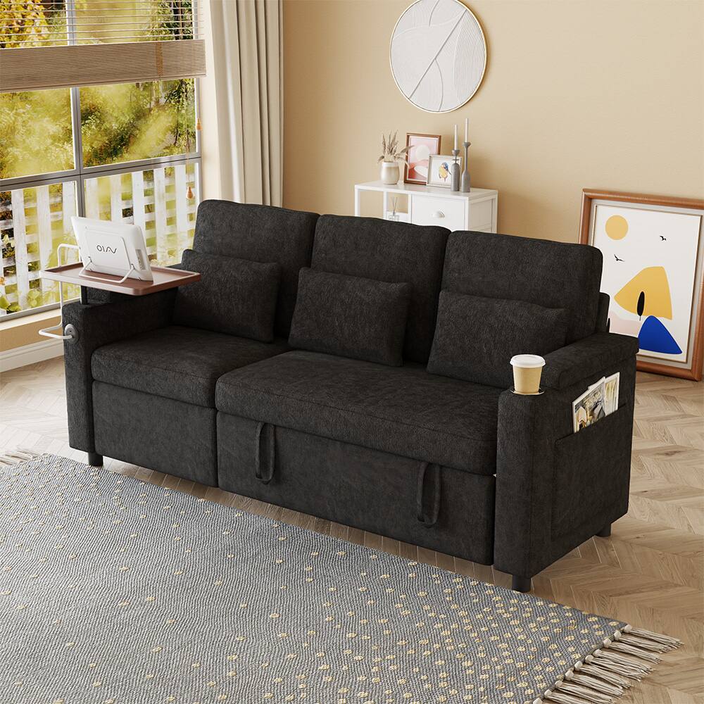 Back. Anysun - 83" Chenille Fabric Foldable Sofa Bed with Electric Recliner, Adjustable Backrest, Table Board, Armrest Storage - Black.