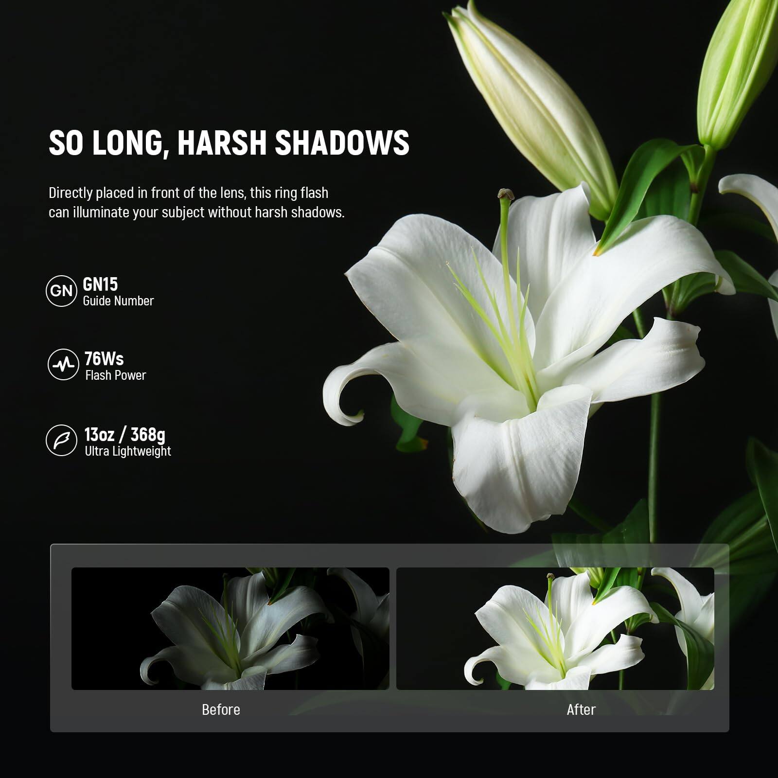 SO LONG, HARSH SHADOWS

Directly placed in front of the lens, this ring flash can illuminate your subject without harsh shadows.

GN15  
Guide Number

76Ws  
Flash Power

13oz / 368g  
Ultra Lightweight

Before  
After