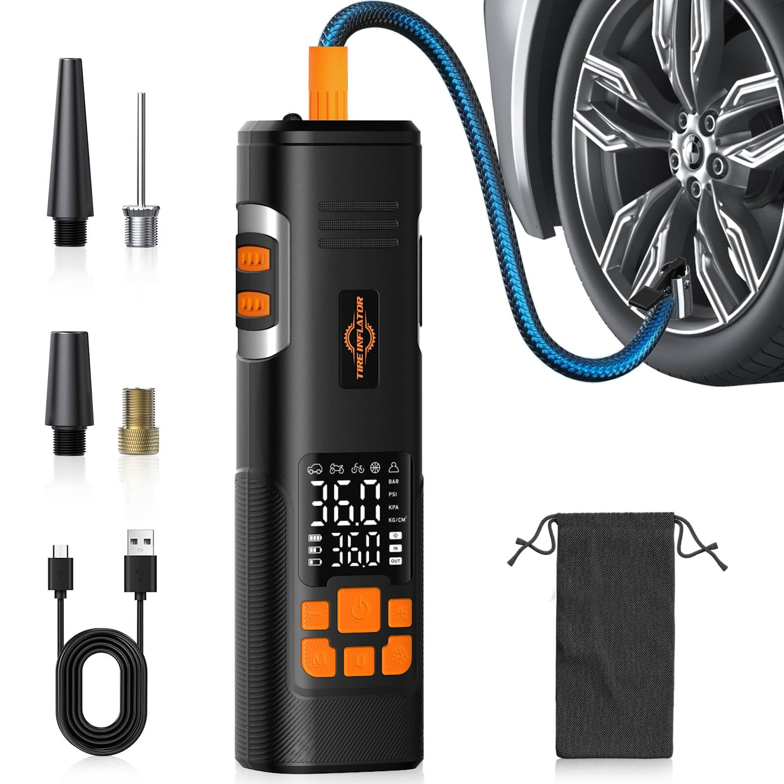 Sure, here is the corrected and grouped text from the image:

---

**TIRE INFLATOR**

- **BAR**
- **PSI**
- **KPA**
- **CMH**

---

**36.0**

**36.0**

---

**USB CABLE**

---

**ADAPTERS**

---

**CARRY BAG**

---