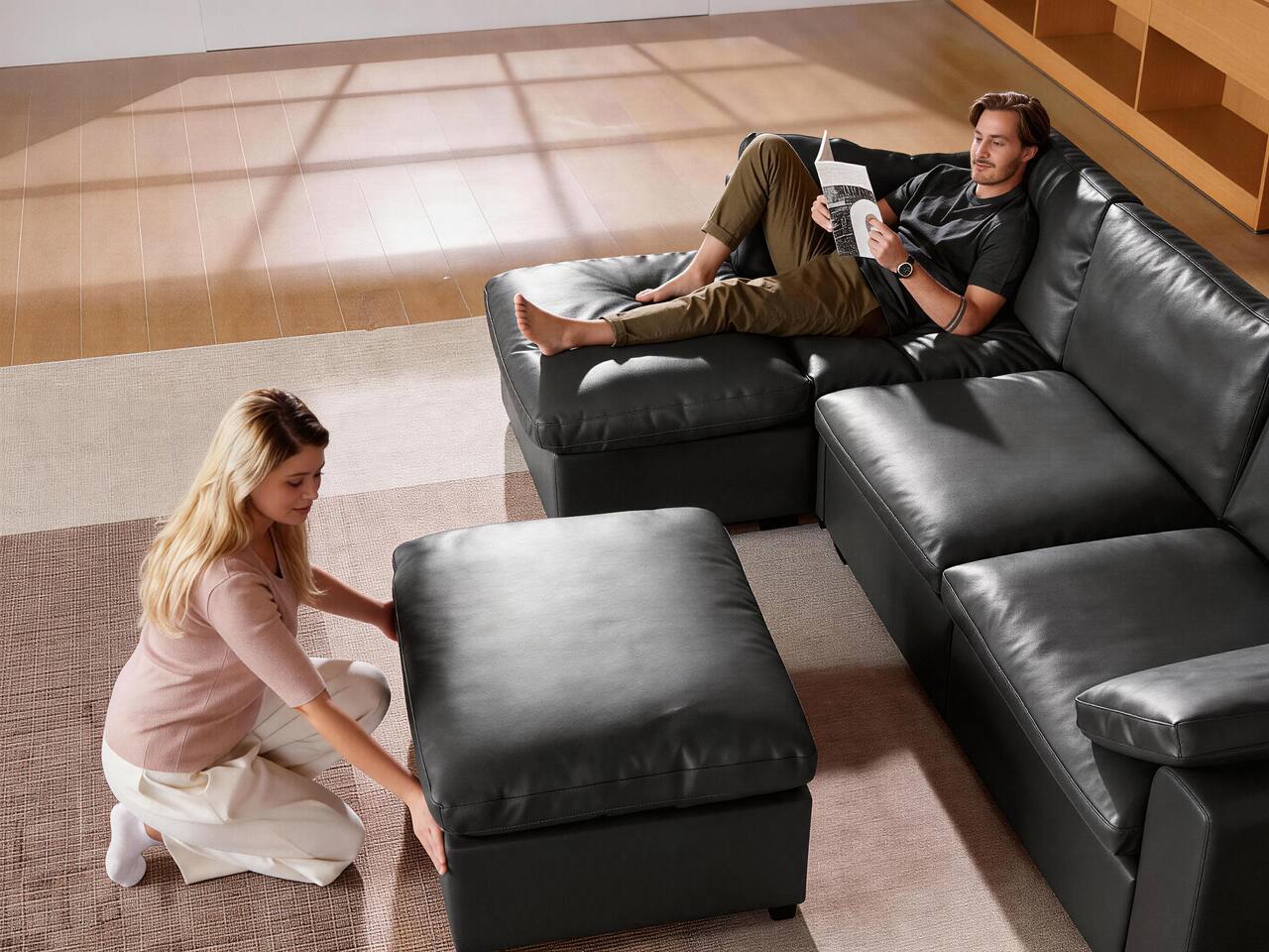 Alt View 4. Dyonery - Dyonery 120" Sectional Couches,Modern Modular Sectional Sofa,with Comfy Deep Seats,Fluffy L-Shape PU Leather Sofa Couch - Black.