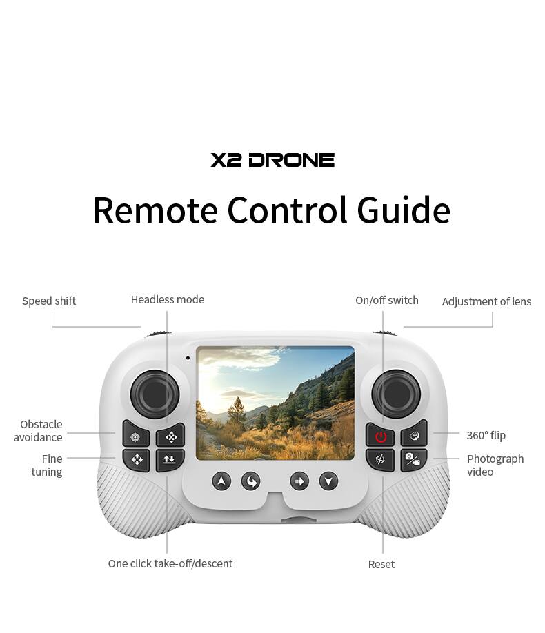 X2 DRONE Remote Control Guide

- Speed shift
- Headless mode
- On/off switch
- Adjustment of lens
- Obstacle avoidance
- Fine tuning
- 360° flip
- Photograph video
- One click take-off/descent
- Reset