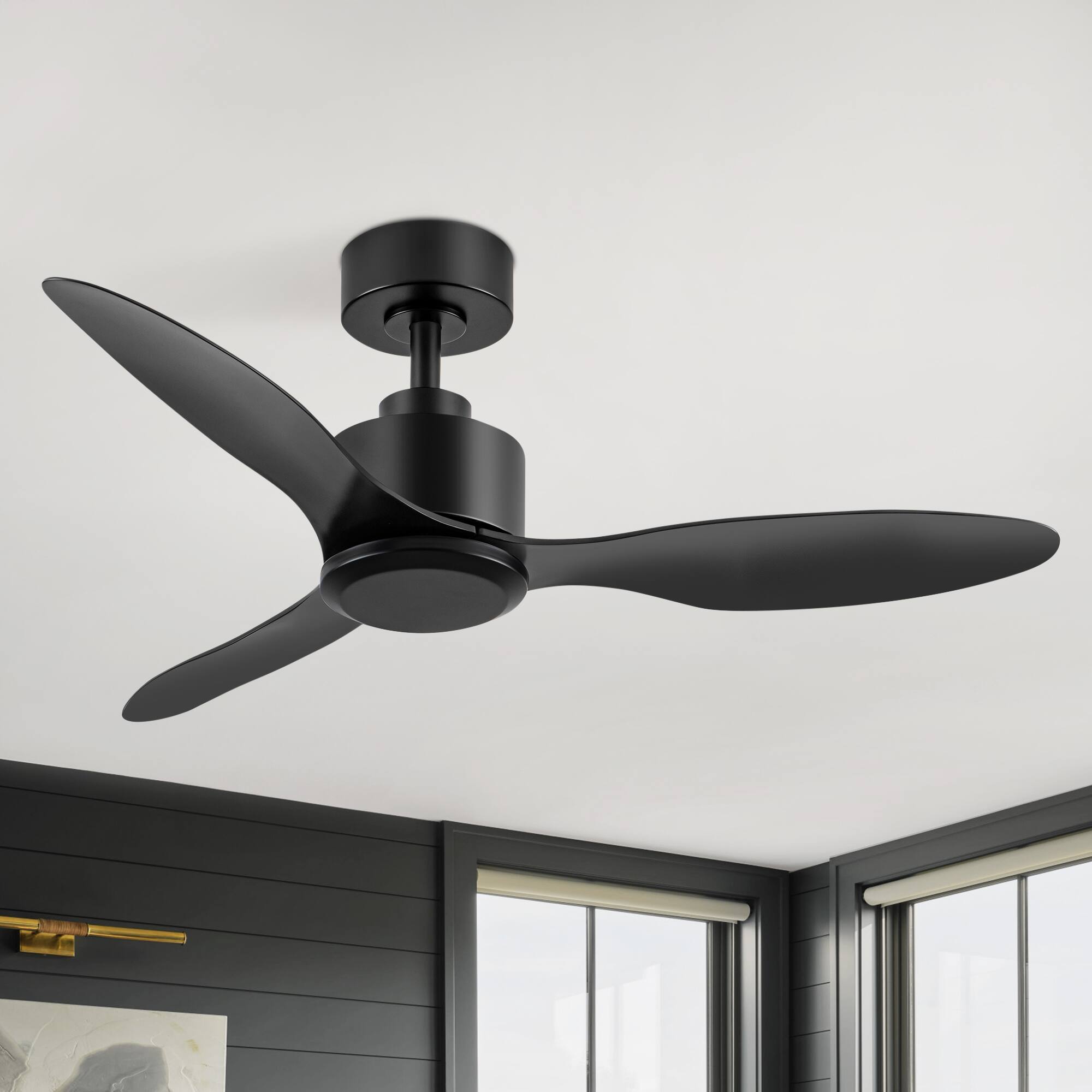 Angle. Breezary - 42" Modern Indoor Ceiling Fan, 3 ABS Blades, 6-Speed DC Motor, Remote Control, Timer, 5'' Downrod, Light/No Light Option - Matte Black (Without Light).