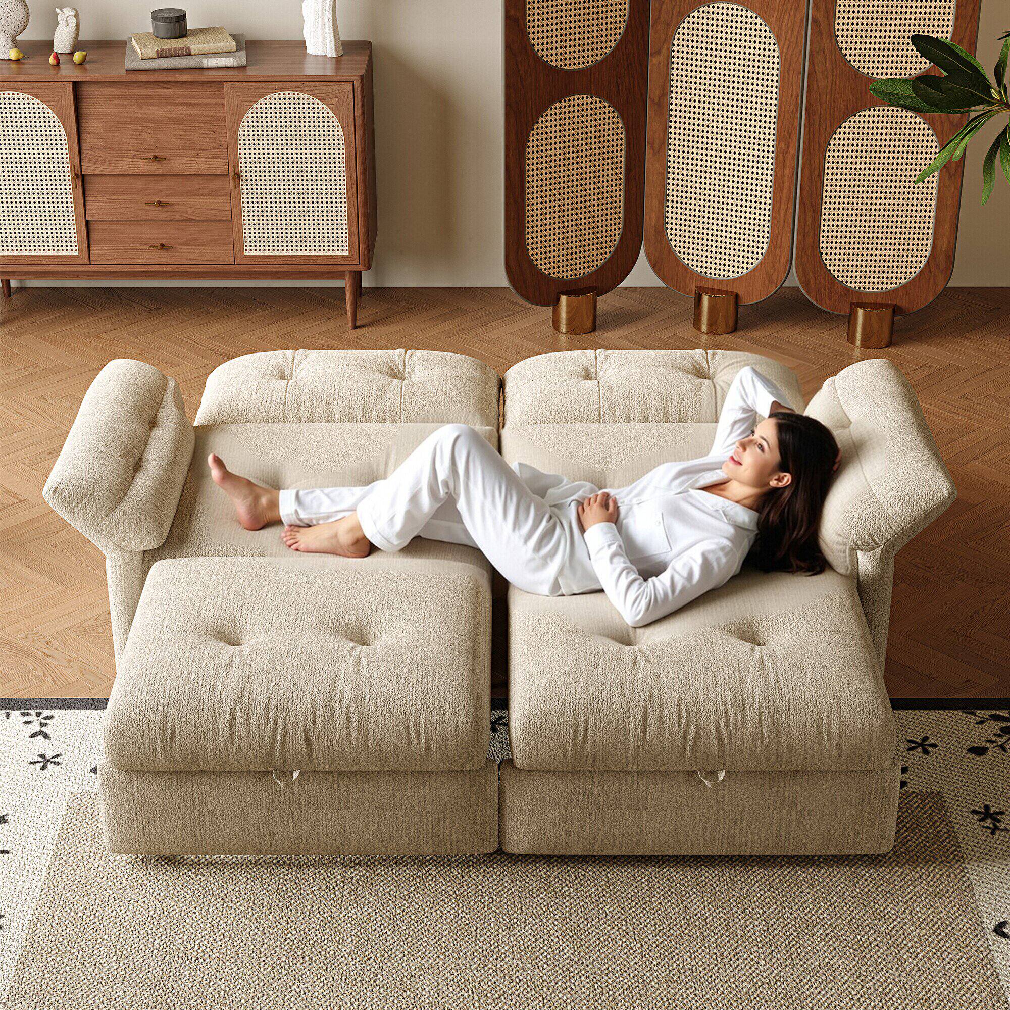 Left. LUCKY ONE - 81.5" 2-in-1 Convertible Sleeper Sofa Bed, Multifunctional Plush Couch with Pull Out Bed - Beige.