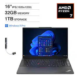 Lenovo - ThinkPad E16 Laptop 16.0 WUXGA Display (Ryzen 7 250, 32GB, 1TB SSD, Integrated Graphics, Win 11 Pro) w/USB Hub - Black