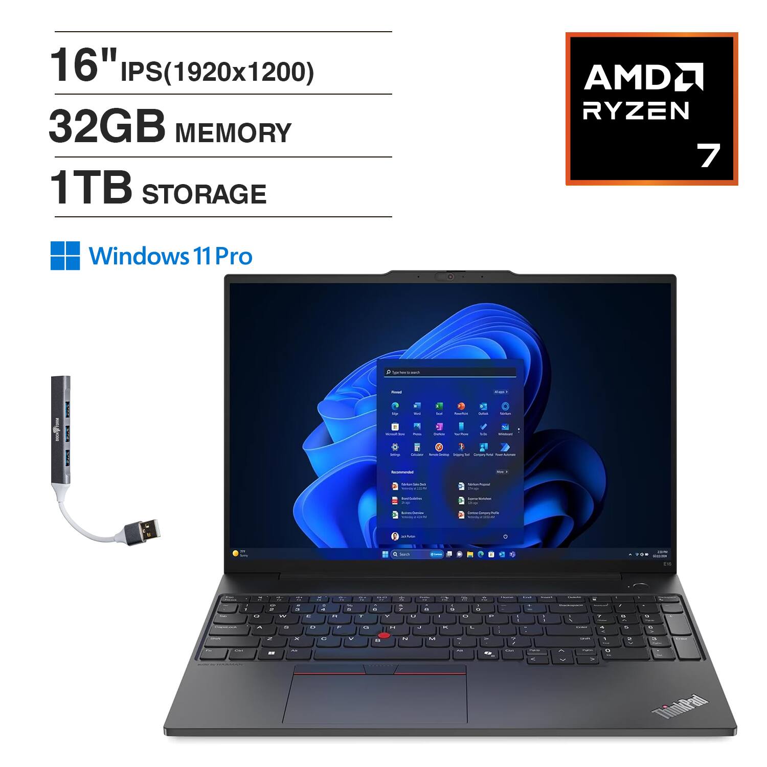 Lenovo - ThinkPad E16 Laptop 16.0 WUXGA Display (Ryzen 7 250, 32GB, 1TB SSD, Integrated Graphics, Win 11 Pro) w/USB Hub - Black