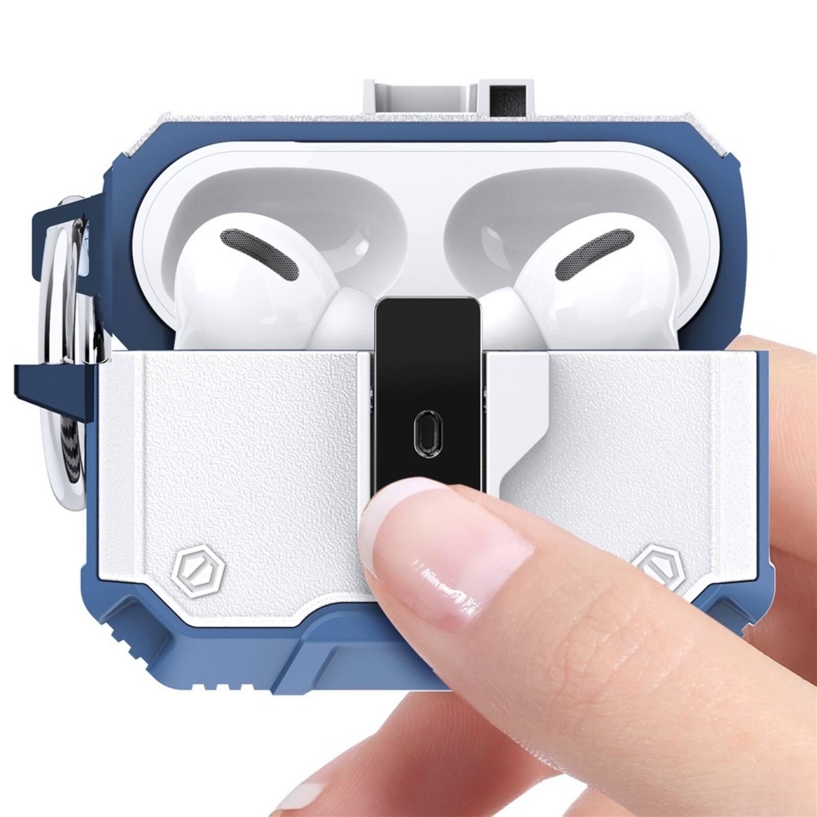 Angle. UUCOVER - For Apple Airpods Pro 2nd Gen (2022) Protective Case with Button Lock and Metal Keychain, Shockproof Full-Body Cover - Blue.