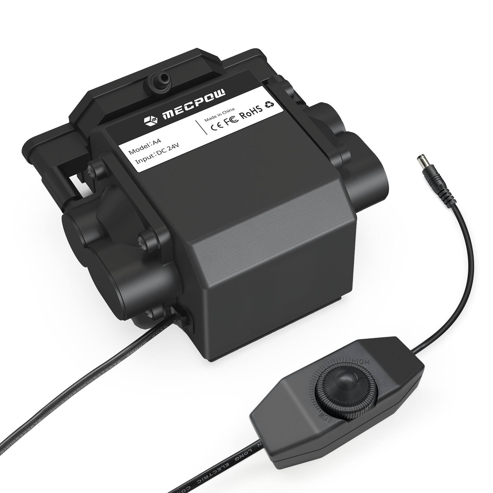 The text on the image reads: "MECPOW A4 Model: A4 Input: DC 24V 24V WAWHHRLHIGH MO N LONG ELECTRIC NOD."