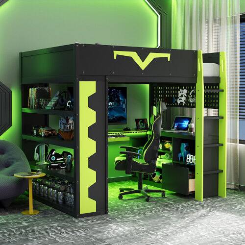 Angle. Anysun - Full Size Gaming Loft Bed with Desk & RGB Lights - Pro-Gamer Bed with Power Outlet, Bookshelf, Pegboard & Storage Drawer - Green.
