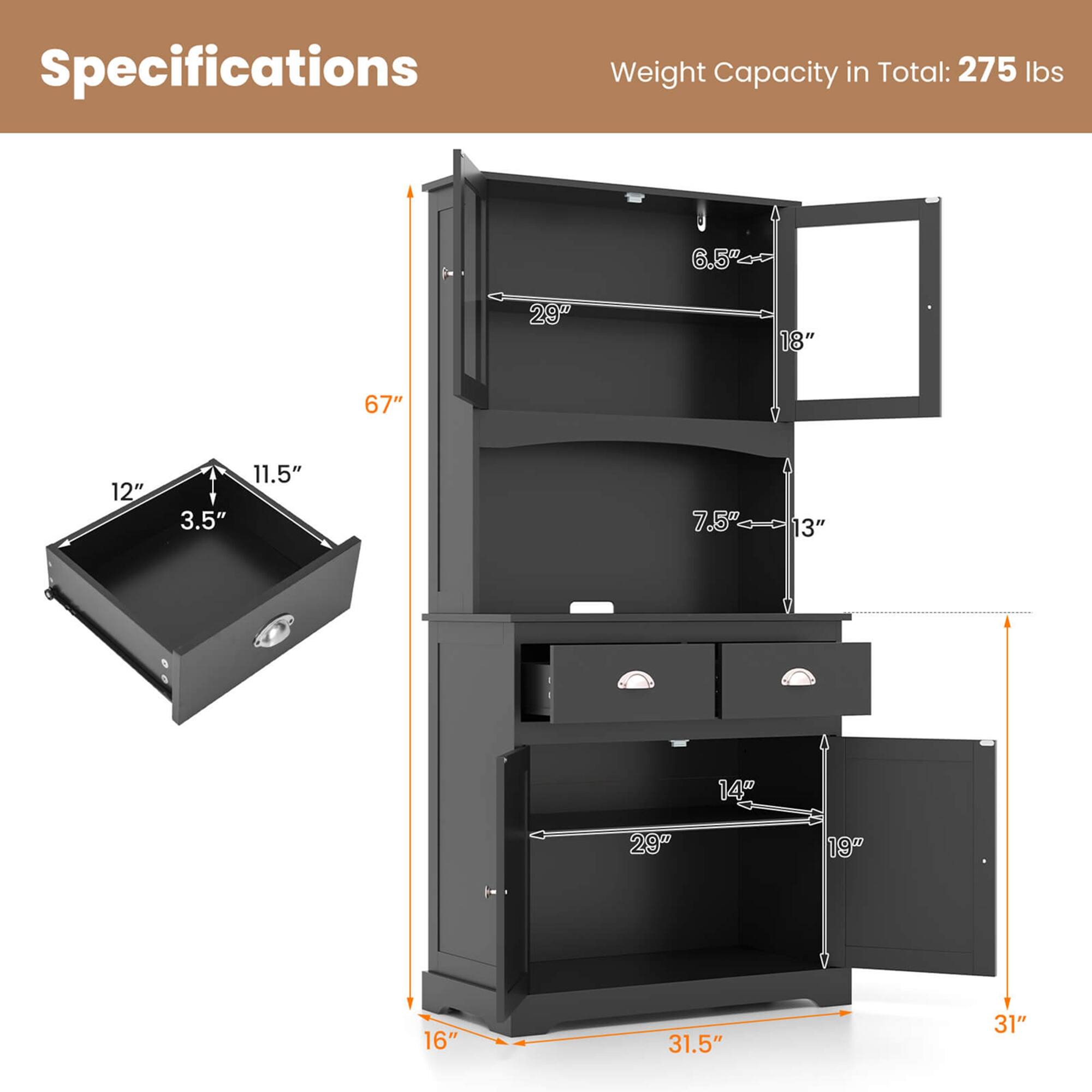 Specifications:
Weight Capacity: 275 lbs
Dimensions: 6.5 x 29" x 18" x 67" x 12" x 11.5" x 3.5" x 7.5" x 13" x 14" x 29" x 19" x 16" x 31.5" x 31"