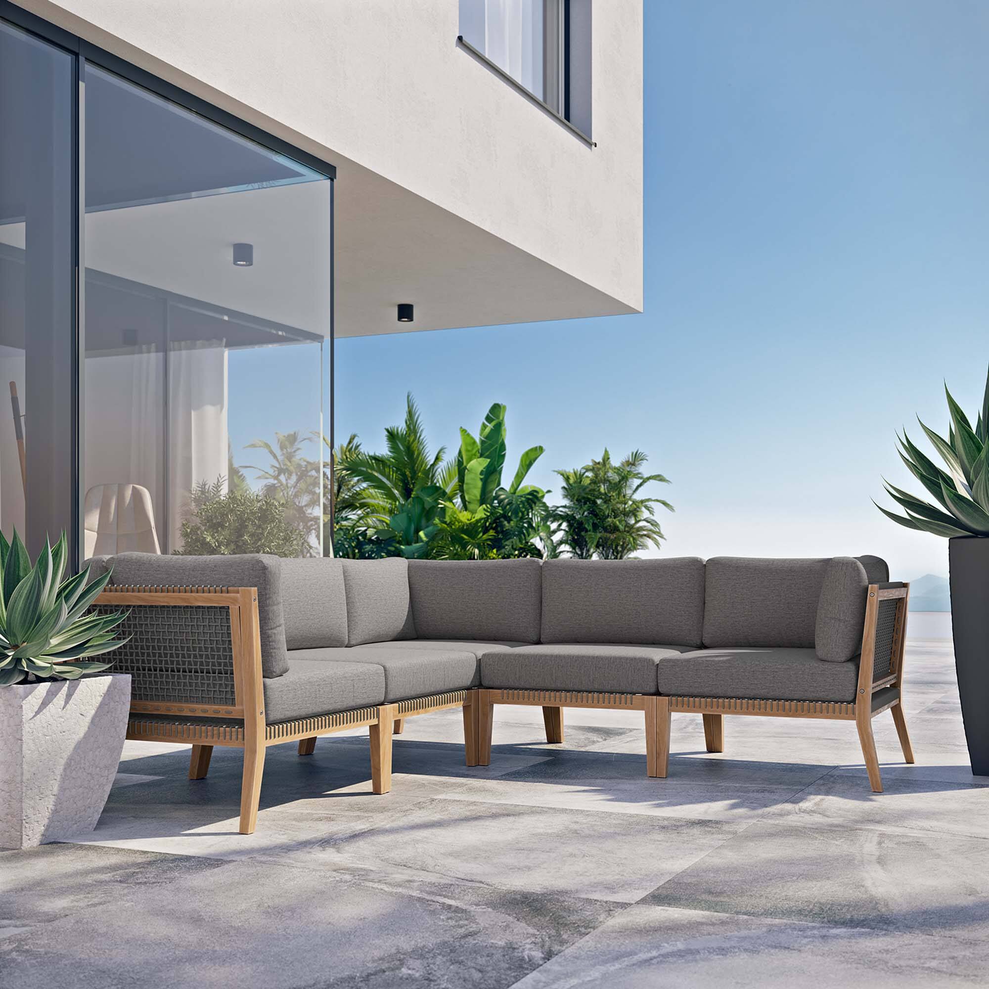 Alt View 6. Modway - Clearwater 5-Piece Outdoor Teak Wood Sectional Sofa - Gray Graphite.