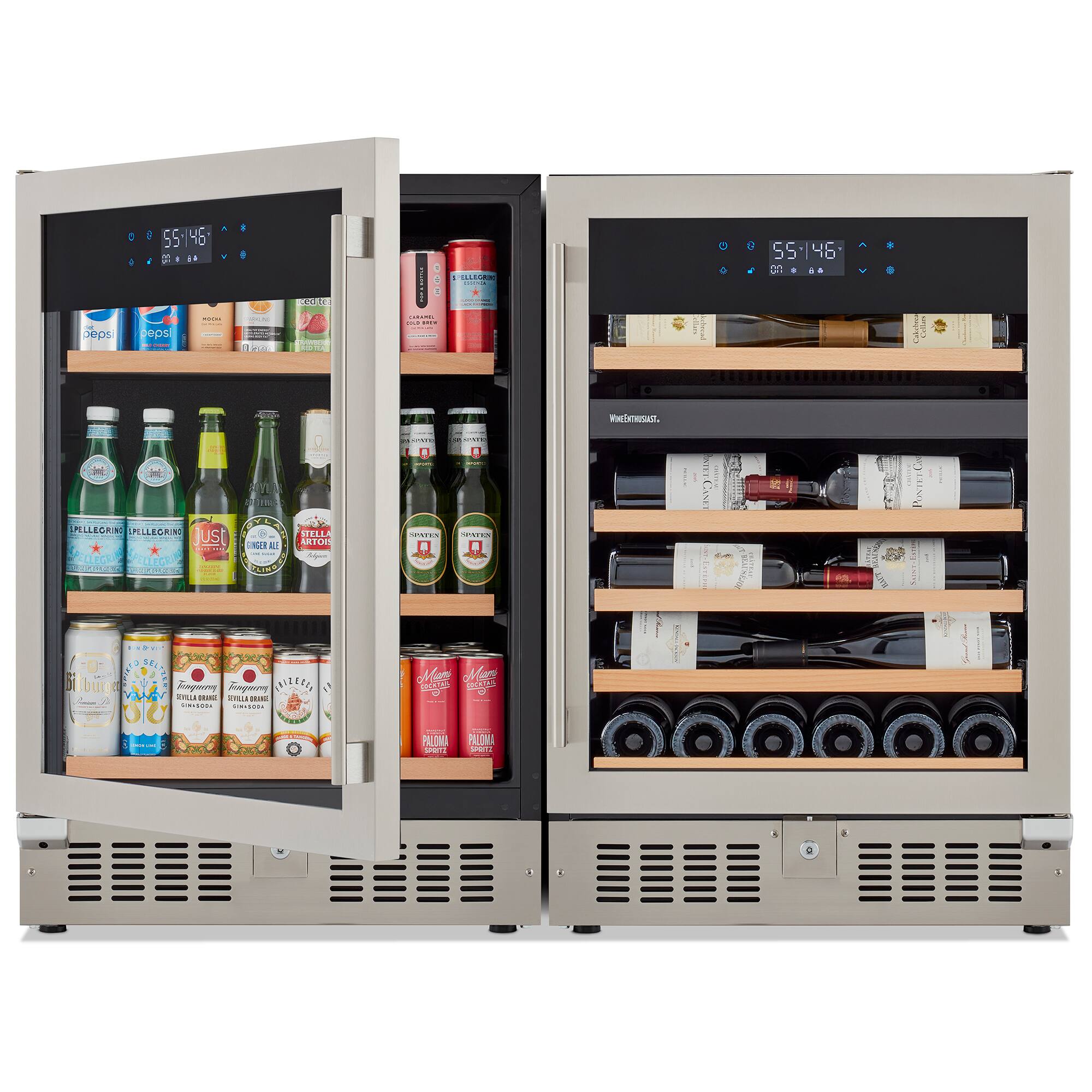 Left. Wine Enthusiast - SommSeries2 Beverage Station 46 bottle Dual Zone and 178 Can Beverage Center - Stainless Steel.