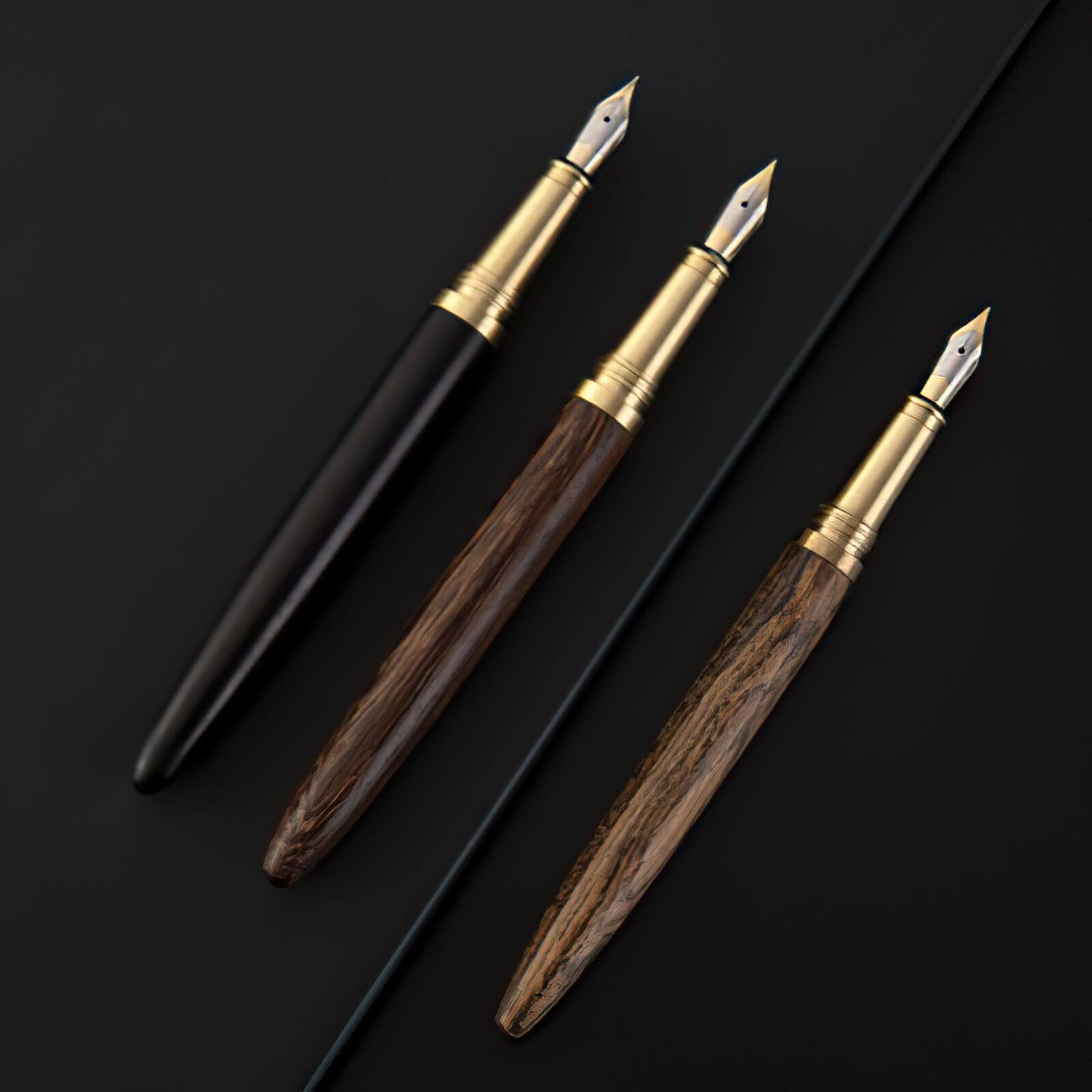 Alt View 2. Steel Horse Leather - The Hemmingway | Handmade Wood and Brass Fountain Pen - Black.