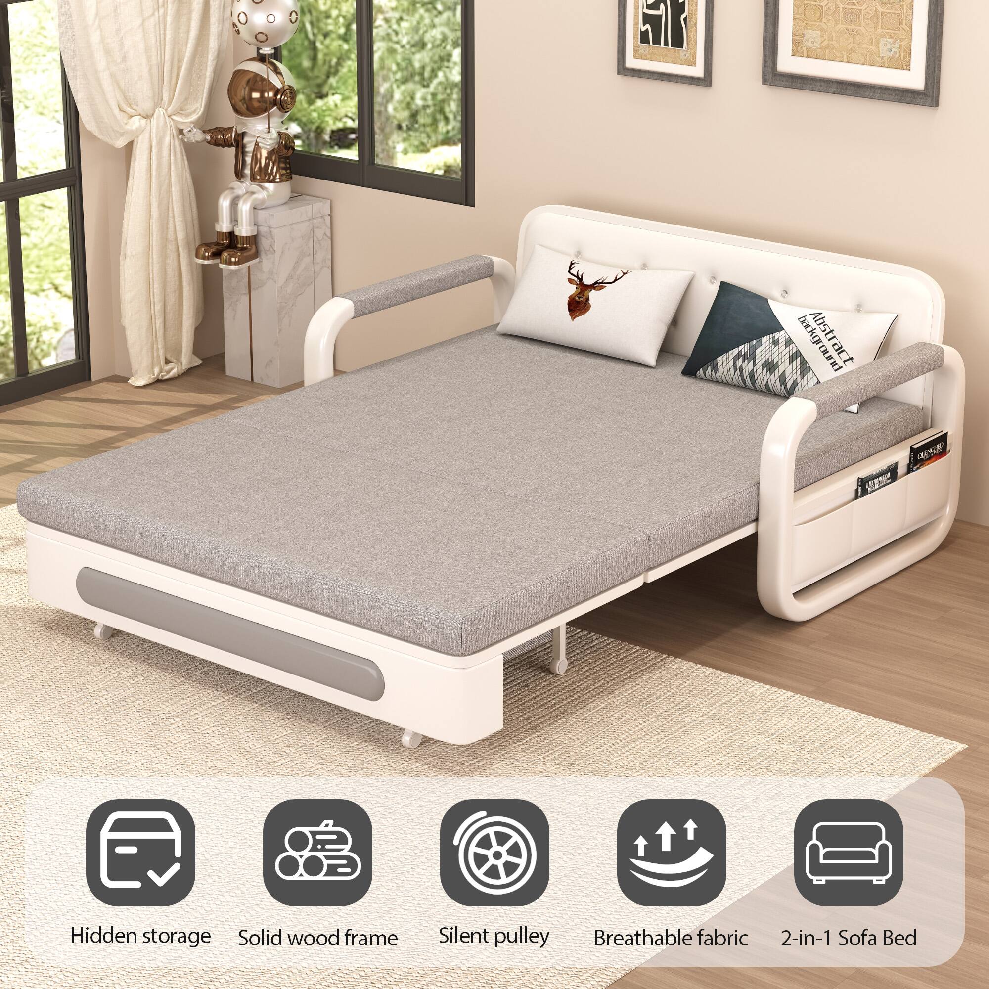 Abstract DIuo SN  
Hidden storage  
Solid wood frame  
Silent pulley  
Breathable fabric  
2-in-1 Sofa Bed