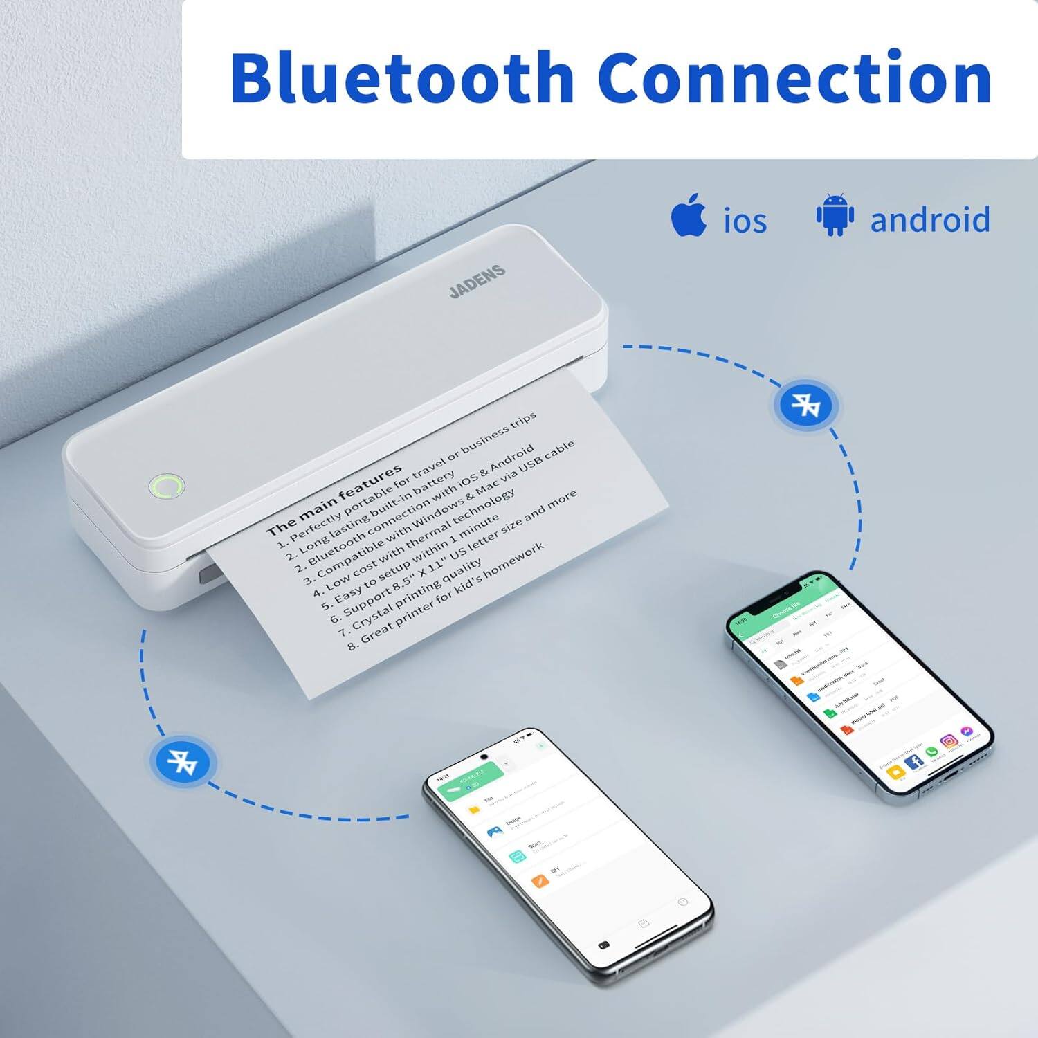 Bluetooth Connection: The Perfectly Portable Printer for Travel & Business. Features for IOS and Android via USB and Bluetooth. Low to No Ink Requirements. Easy Setup and Quality 8.5" Printing for Homework, Business, and More.