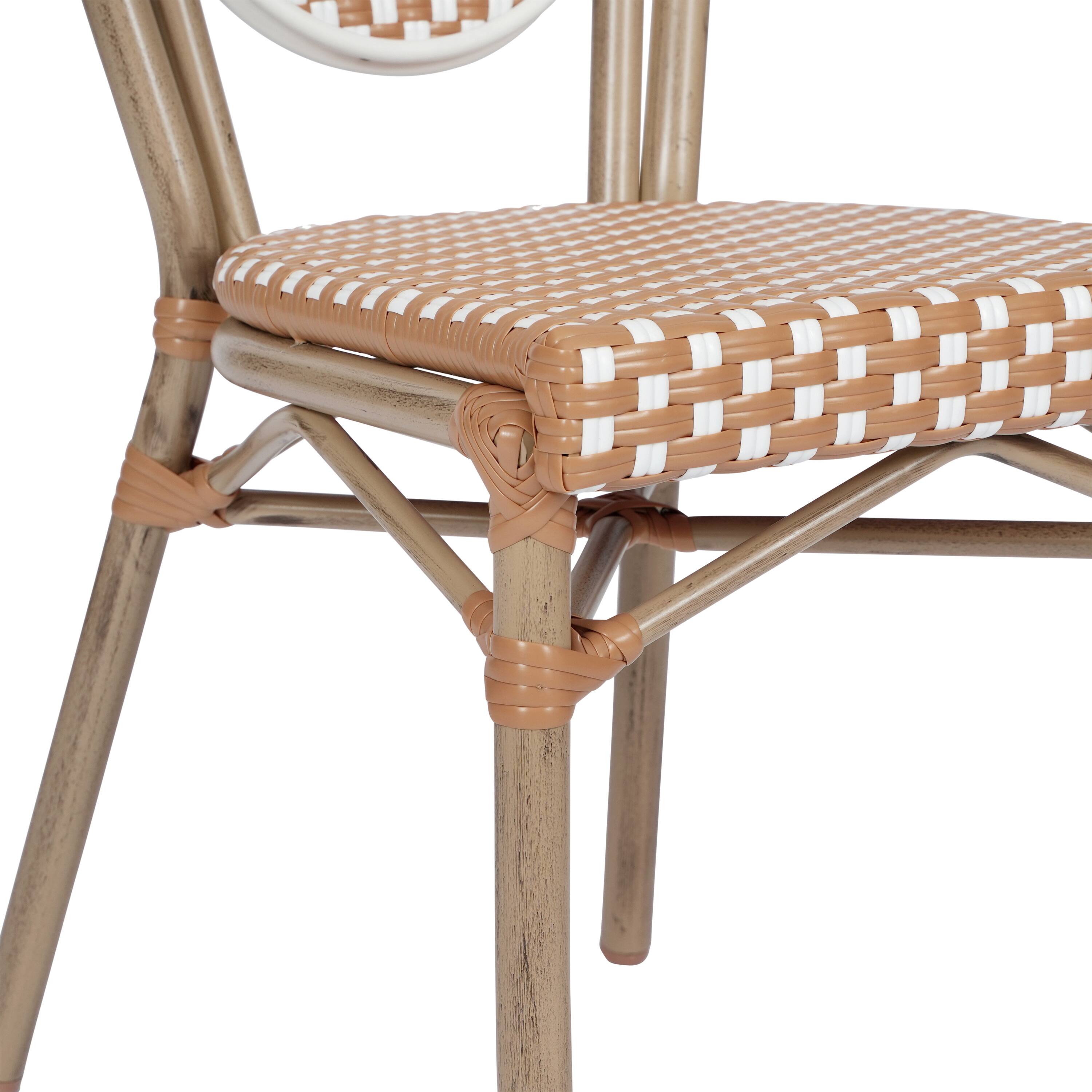 Alt View 10. Emma + Oliver - Colmar Set of Two Indoor/Outdoor Stacking Thonet Bistro Style Chairs with PE Rattan Seat and Finished Metal Frame - Natural & White/Light Natural Frame.