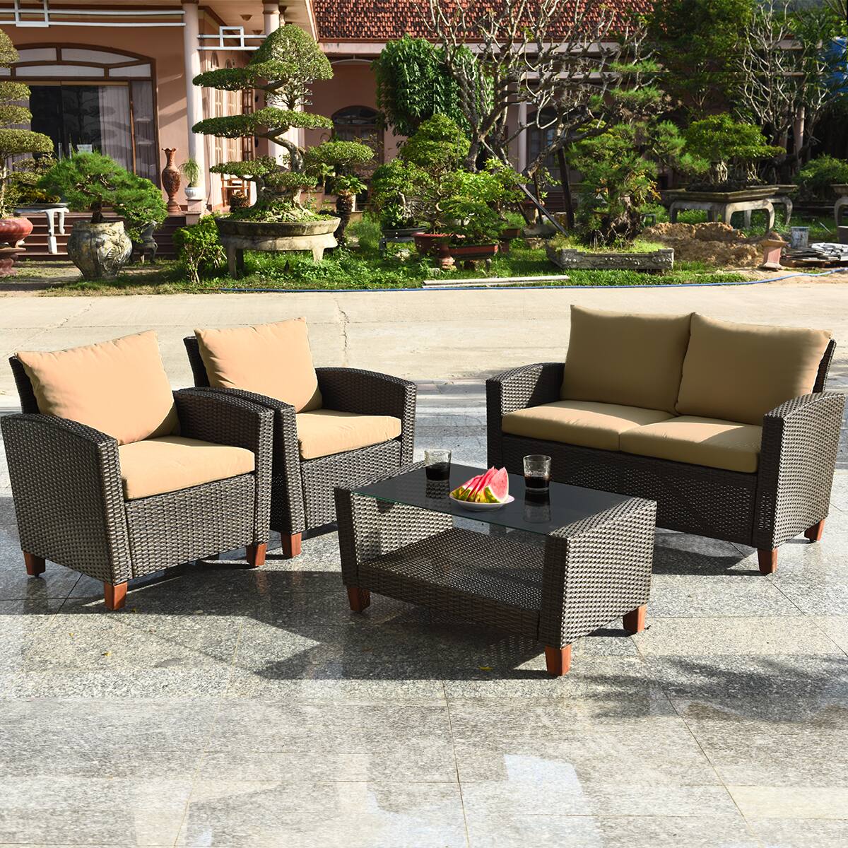 Alt View 1. Costway - 4PCS Patio Rattan Furniture Set Solid Wood Leg Cushioned Sofa Garden Lawn - as pic.
