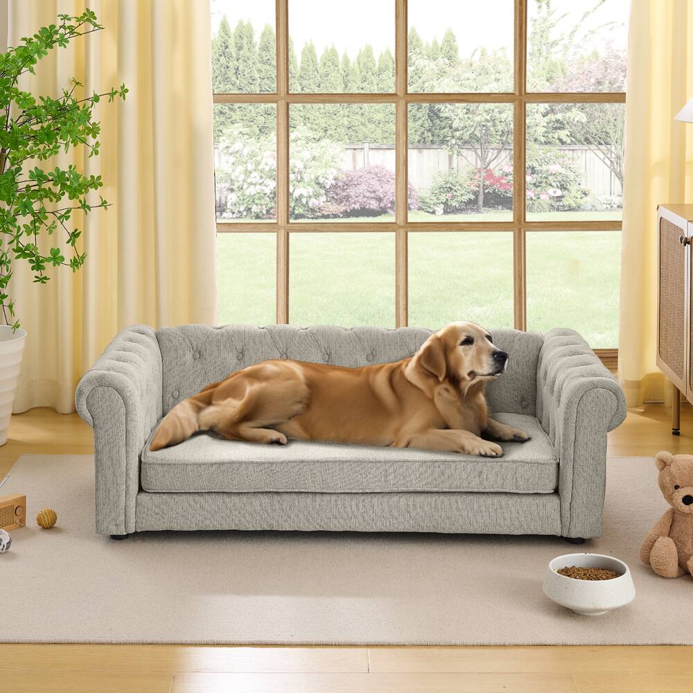 Left. AOSTIRMOTOR - Beige Rectangular Oversized Soft Linen Fabric Elevated Durable Dogs Pet Sofa Bed - Beige.