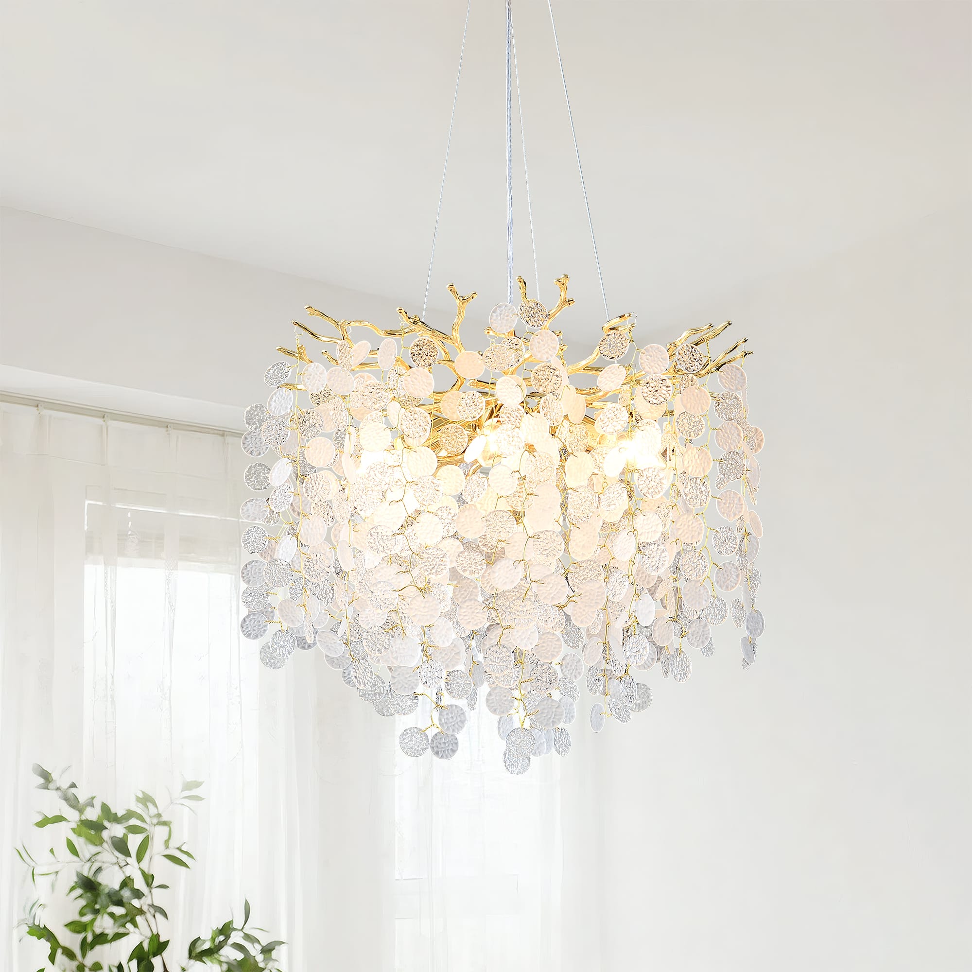 Front. RYHNUYNE - Modern Gold Tree Branch Chandelier with Snowflake Accents - 6-Light Adjustable Linear Pendant Light for Dining Room and.
