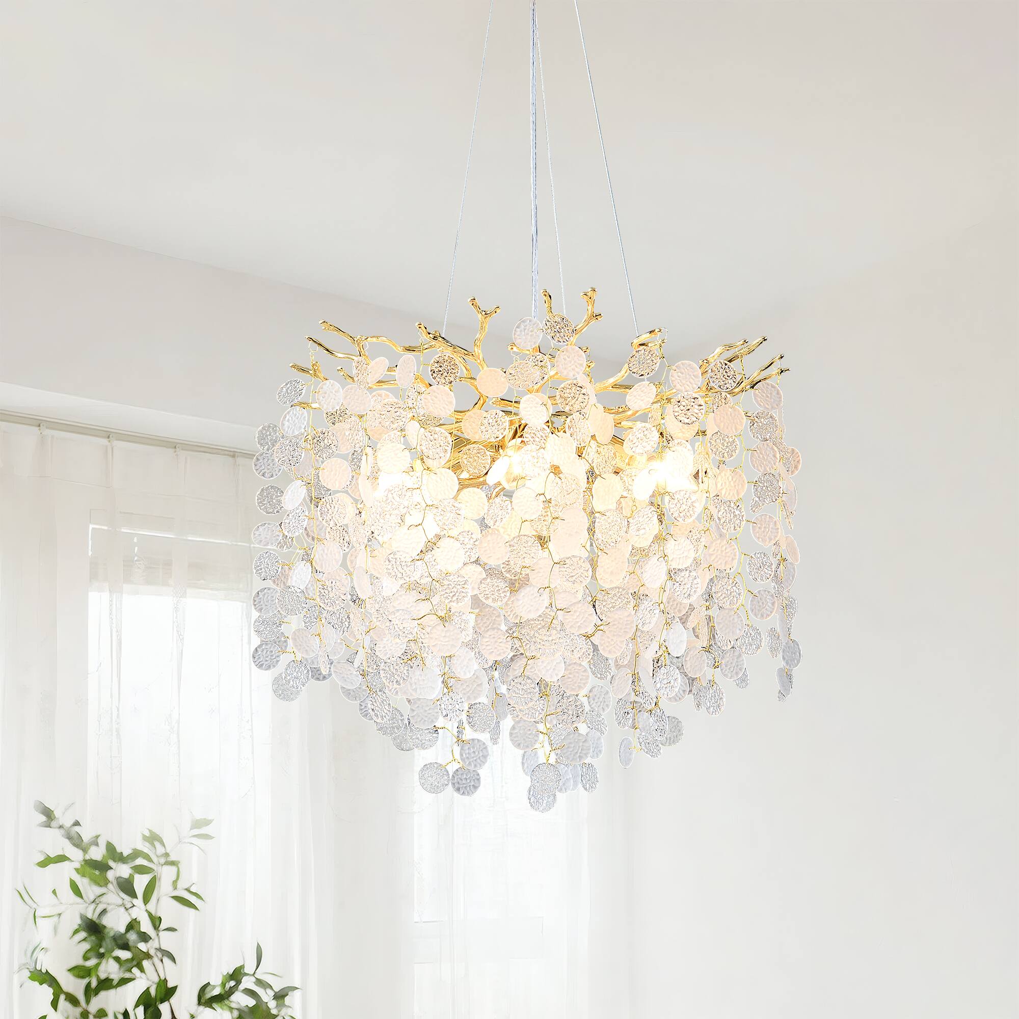 Front. RYHNUYNE - Modern Gold Tree Branch Chandelier with Snowflake Accents - 6-Light Adjustable Linear Pendant Light for Dining Room and.