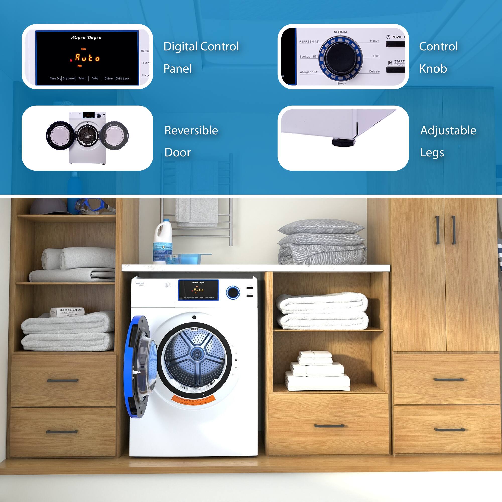 Sure, here is the corrected and grouped text from the image:

- **Digital Control Panel**
- **Reversible Door**
- **Control Knob**
- **Adjustable Legs**

- **Super Dryer**
  - **Auto**
  - **Time Dry**
  - **Towels**
  - **Clothes**
  - **Quick Wash**

- **SEFERS-917**
  - **NORMAL**
  - **Heavy**
  - **Eco**
  - **Delicate**
  - **Shoes**

- **POWER**
  - **START**

- **WASHING MACHINE**