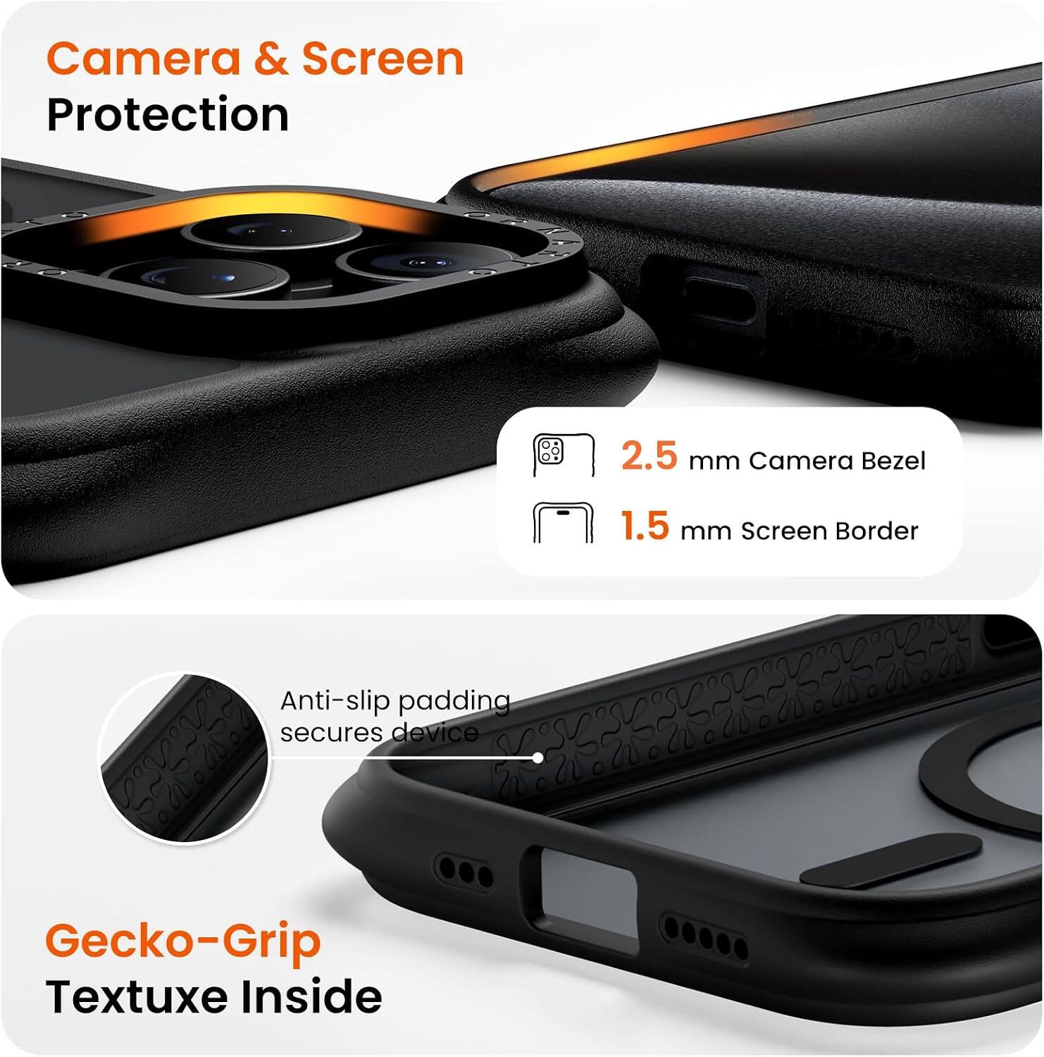 Camera & Screen Protection

2.5 mm Camera Bezel

1.5 mm Screen Border

Anti-slip padding secures device

Gecko-Grip Textuxe Inside