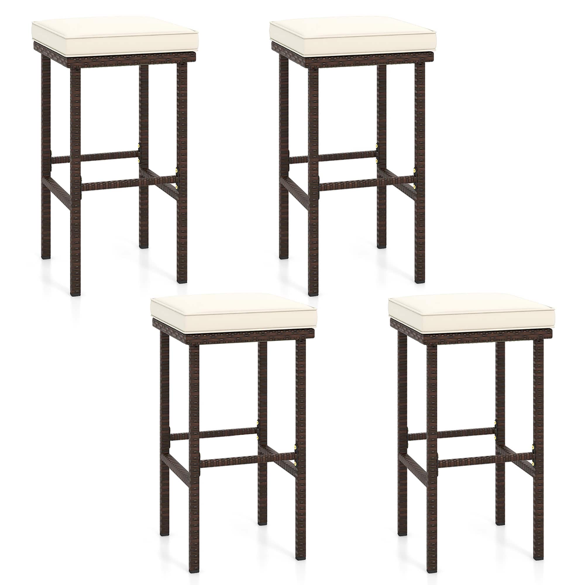 Gymax - Wicker Bar Stools Set of 4 w/ Removable Seat Cushions Footrest Support 400 LBS - Mix Brown, Beige