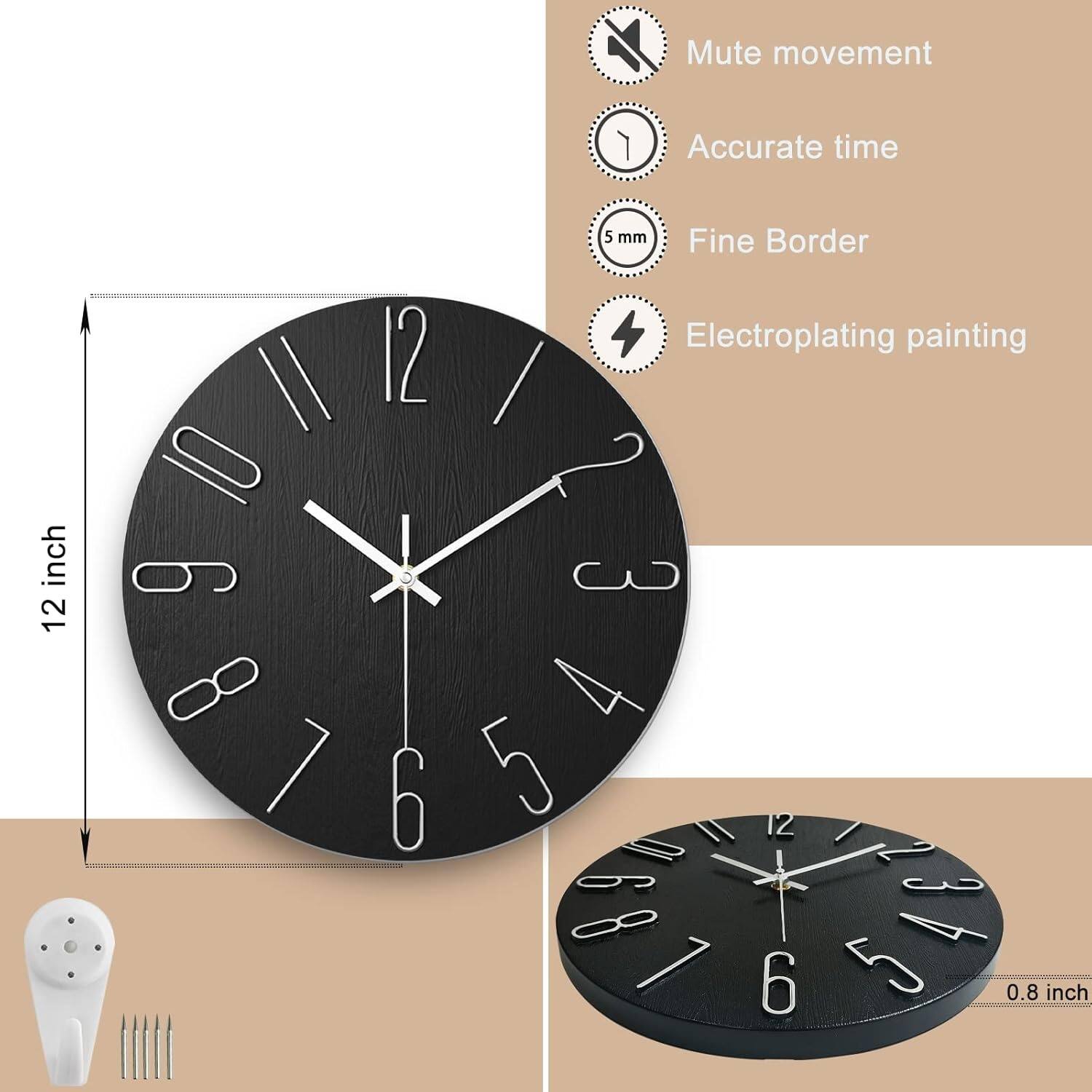 Mute movement  
Accurate time  
Fine Border 12 5 mm  
Electroplating painting  

12 inch  
0.8 inch