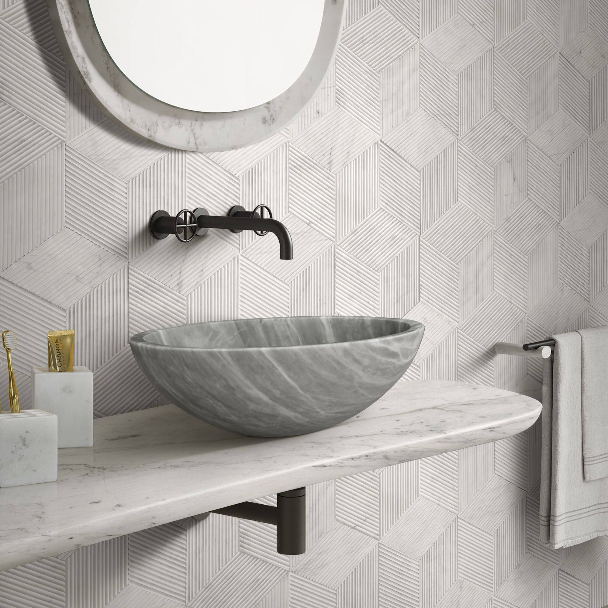 Angle. ELEMENT ACE - Natural Marble Bathroom Vessel Sink with Semi-Polished Surface, Circular Design for Countertop Installation - Gray.