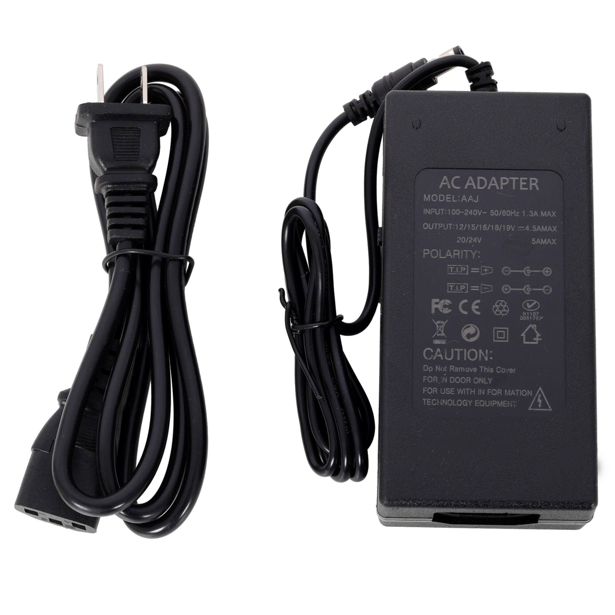 AC ADAPTER  
MODEL: AAJ  
INPUT: 100-240V - 50/60Hz  
MAX OUTPUT: 12/15/16/18/19V 4.5A MAX  
20/24V 5A MAX  
POLARITY: L.I.P T.I.P  
FC CE 51107  
CO61TEP  
CAUTION: Do Not Remove This Cover  
FOR IN DOOR ONLY  
FOR USE WITH INFORMATION TECHNOLOGY EQUIPMENT