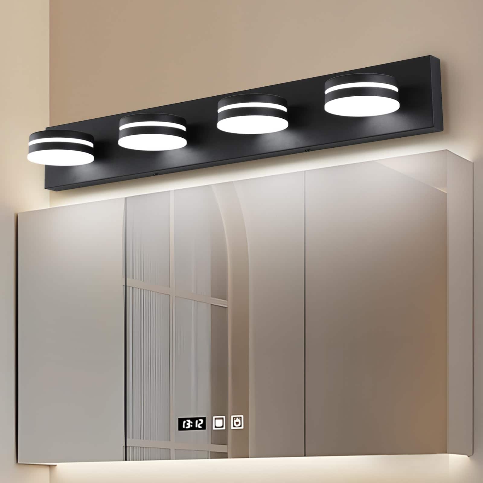 TECH SAFARI - Brushed Nickel Bathroom Vanity Light Fixtures Over Mirror Led k Lights With rotating Lamp Head - Matte Black-Dimmable 4-Light,30Inch