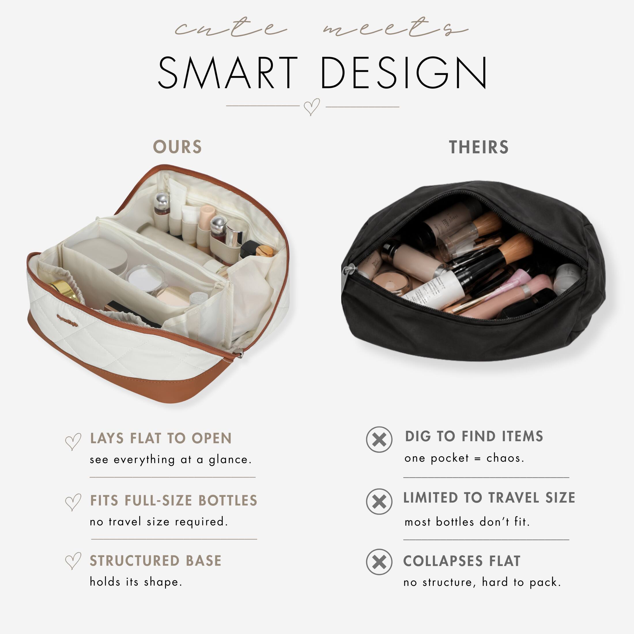 cute meets SMART DESIGN

OURS
- LAYS FLAT TO OPEN
  see everything at a glance.
- FITS FULL-SIZE BOTTLES
  no travel size required.
- STRUCTURED BASE
  holds its shape.

THEIRS
- DIG TO FIND ITEMS
  one pocket = chaos.
- LIMITED TO TRAVEL SIZE
  most bottles don't fit.
- COLLAPSES FLAT
  no structure, hard to pack.