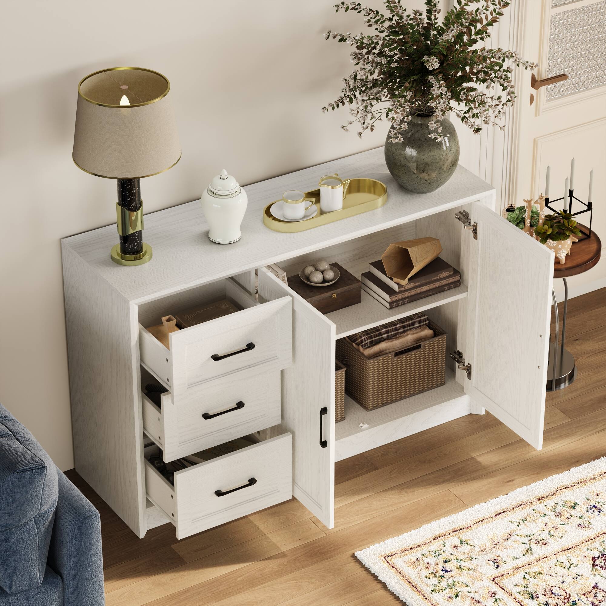 Left. FUFU & GAGA - Multi-Purpose Storage Cabinet for Living Room with Drawers & Shelves, Modern Display and Organization Unit - White.