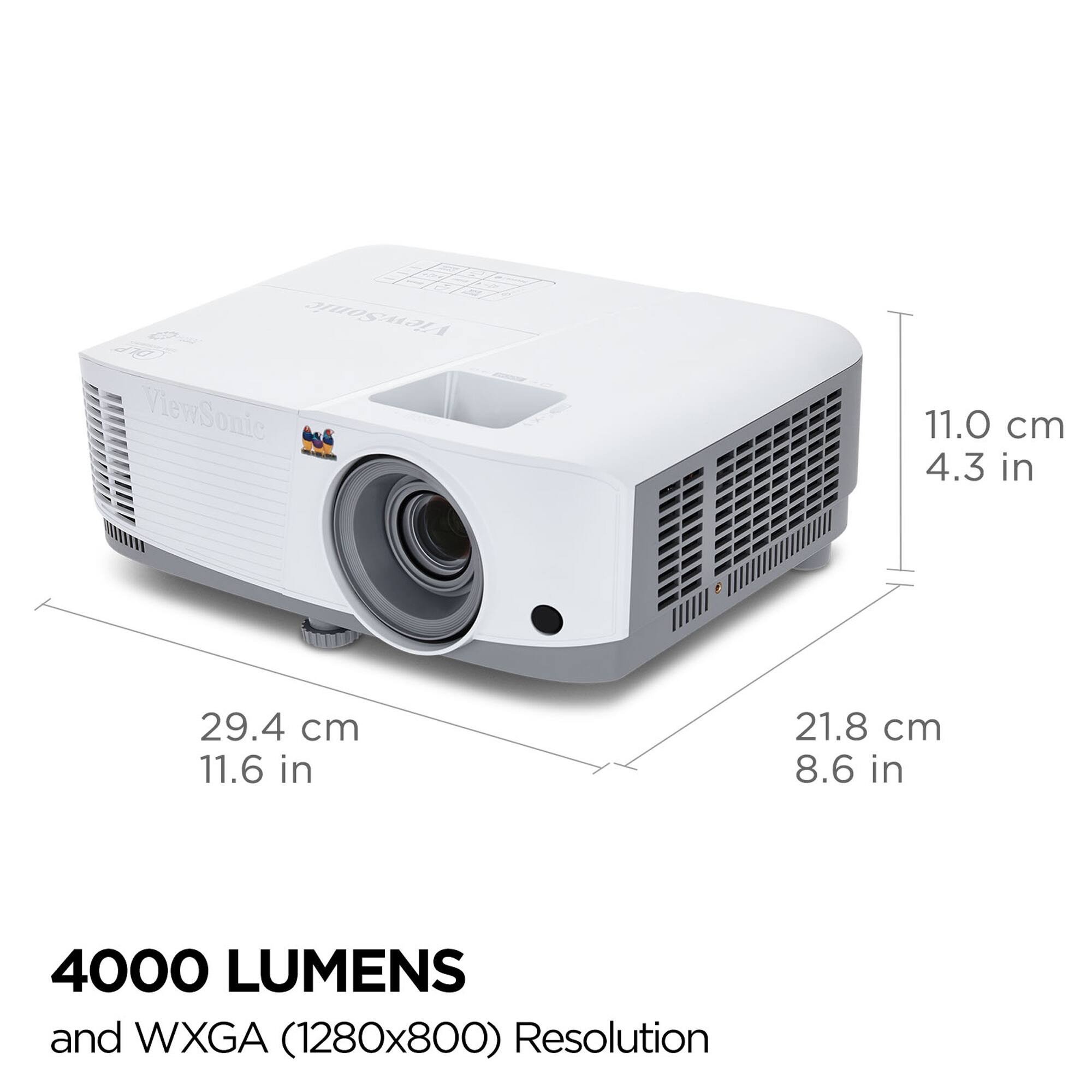ViewSonic

11.0 cm  
4.3 in

29.4 cm  
11.6 in

21.8 cm  
8.6 in

4000 LUMENS  
and WXGA (1280x800) Resolution