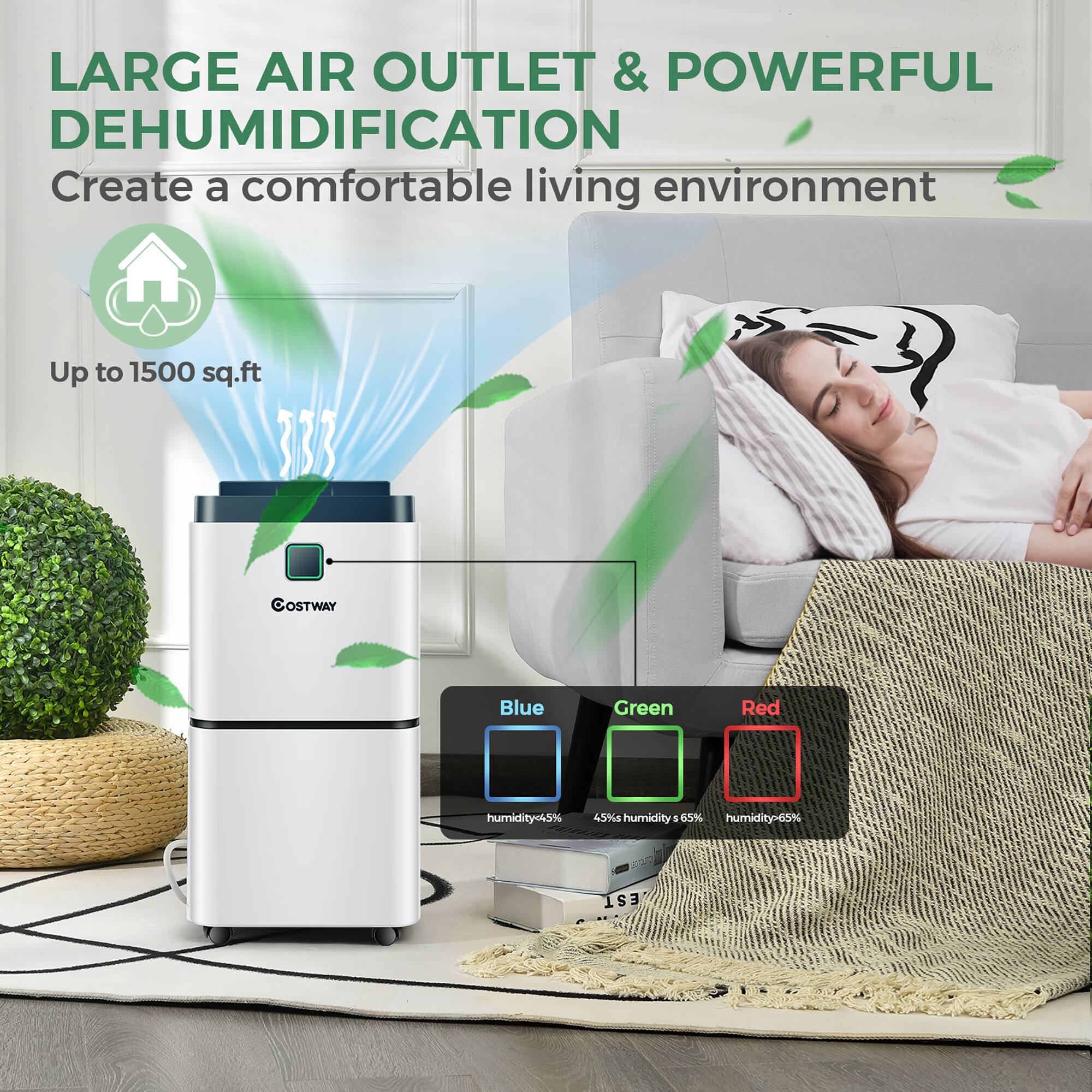 LARGE AIR OUTLET & POWERFUL DEHUMIDIFICATION
Create a comfortable living environment
Up to 1500 sq.ft.
333 COSTWAY
Blue Green Red
humidity=45%
65% humidity-65%
EST