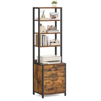 Front. Songmics Home - File Cabinet, Home Office Filing Cabinet with Height-Adjustable Open Shelves, 3 Drawers, for A4 - Rustic Brown.