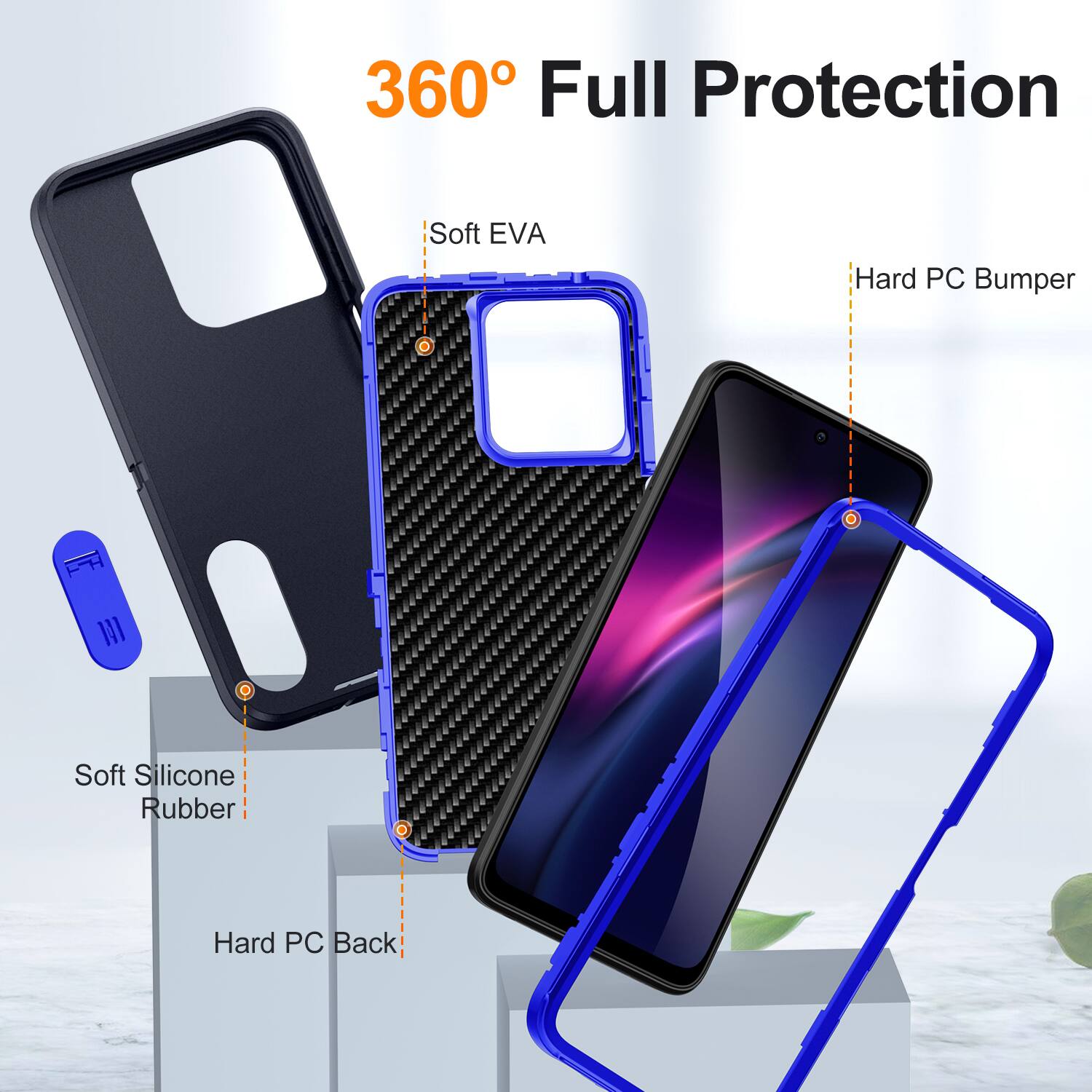360° Full Protection

- Soft EVA
- Hard PC Bumper
- Soft Silicone Rubber
- Hard PC Back