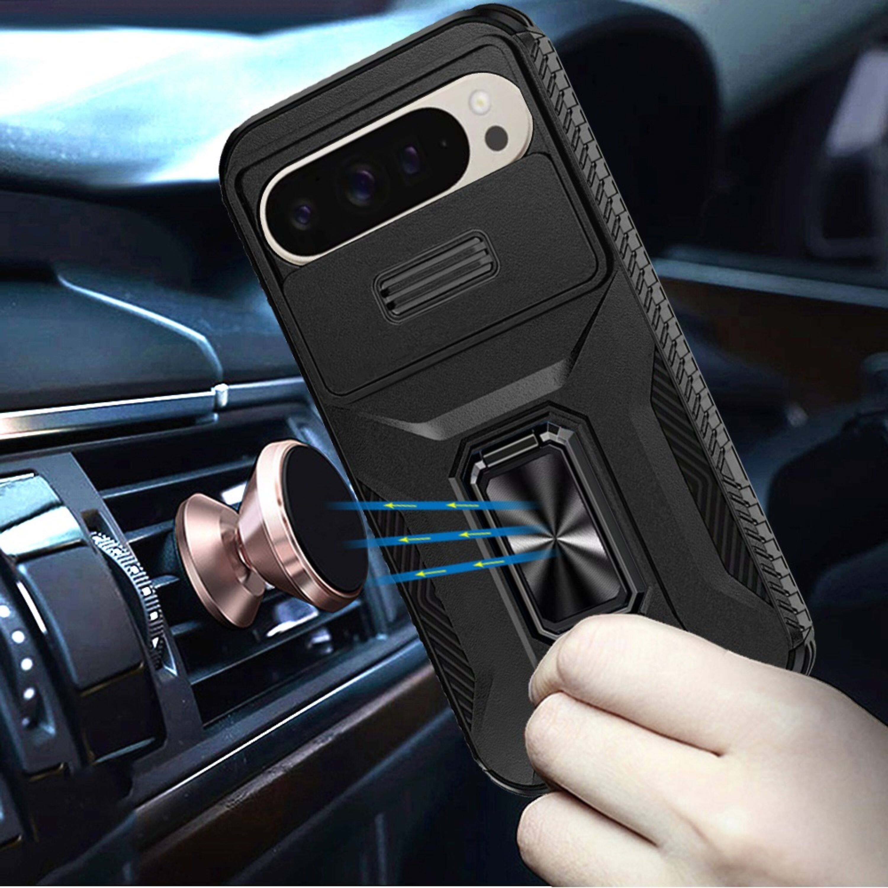 Left. Kitcheniva - Full Protection Phone Case With Metal Stand Lens Cover & Tempered Glass For Google Pixel 10 Pro XL Black - Black.