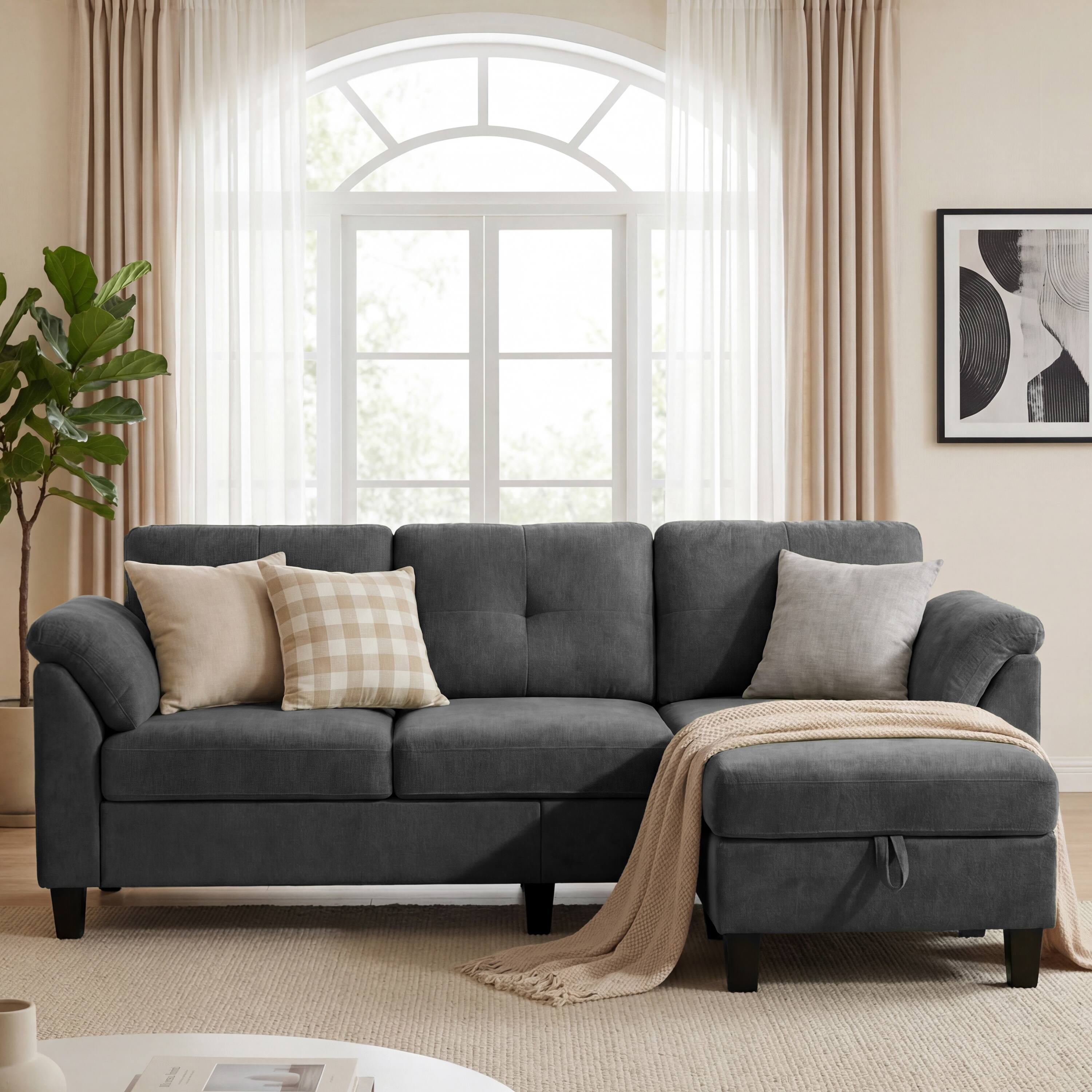 Angle. Dyonery - Dyonery 76.4-inch Modern Style Three-seater Sofa with Armrests and Pillows in Chenille Gray - Gray.