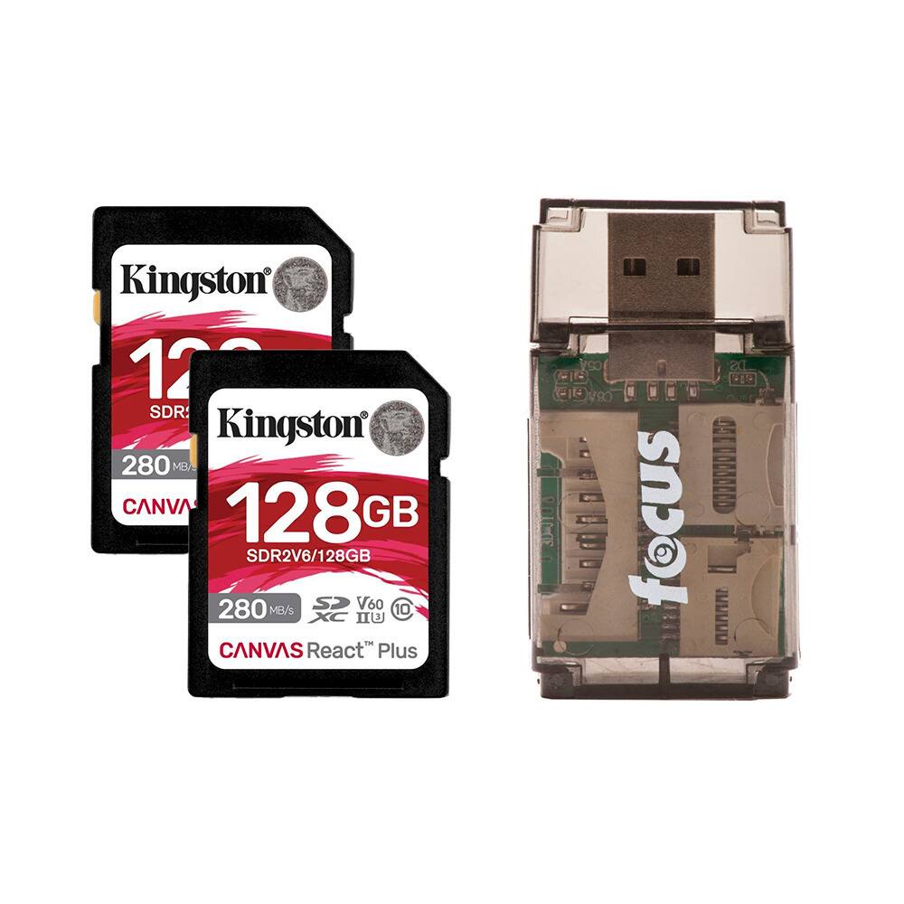 Kingston - Canvas React Plus 128GB SD Card (V60 - 280MB/s Read) - SDR2V6/128GB - 2- Pack with Card Reader bundle