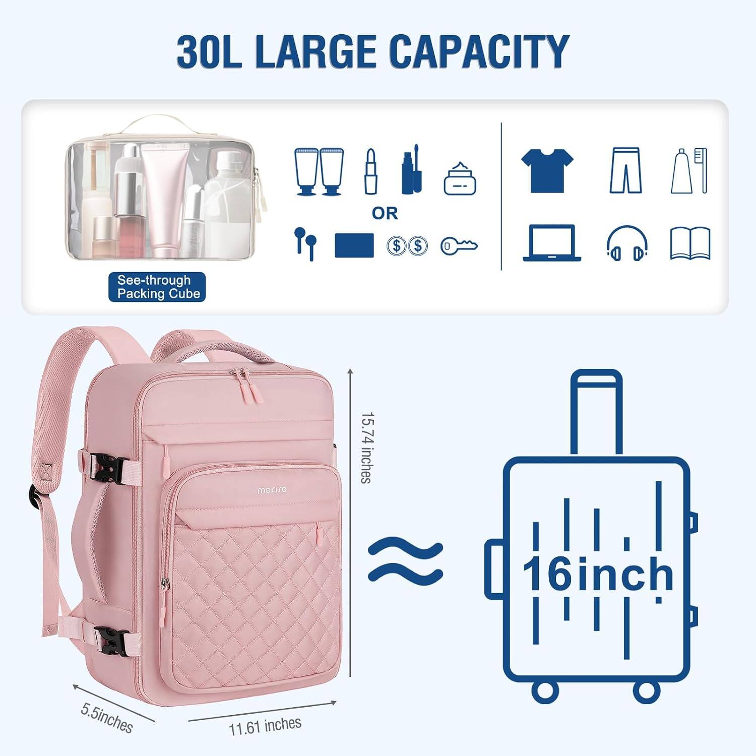30L LARGE CAPACITY

OR

See-through Packing Cube

15.74 inches

16 inch

5.5 inches

11.61 inches
